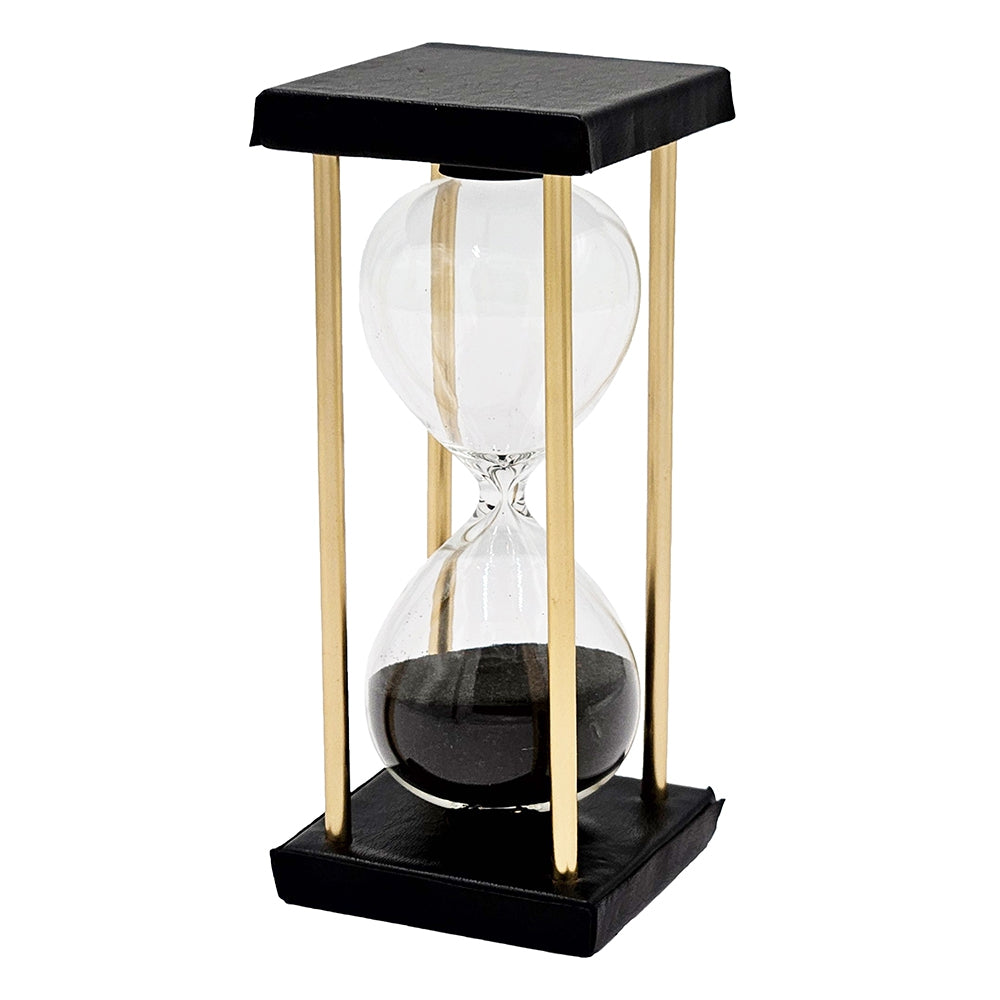 Set Of 2, 3X3X7" Stanley 15 Minute Hourglass, Framed With An Metal Stand, Black Black Glass Metal,Mdf,Pu Leather