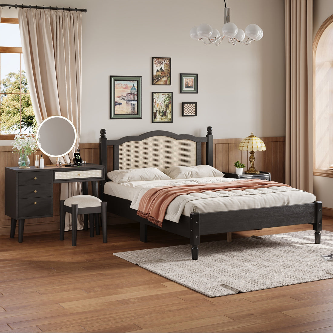 3 Pieces Bedroom Set With Full Size Wooden Bed Frame, 1 Vintage Nightstand And 1 Makeup Vanity Set With Stool,Black Expected Arrival Time: 08.23 Full Black 3 Piece Set Wood