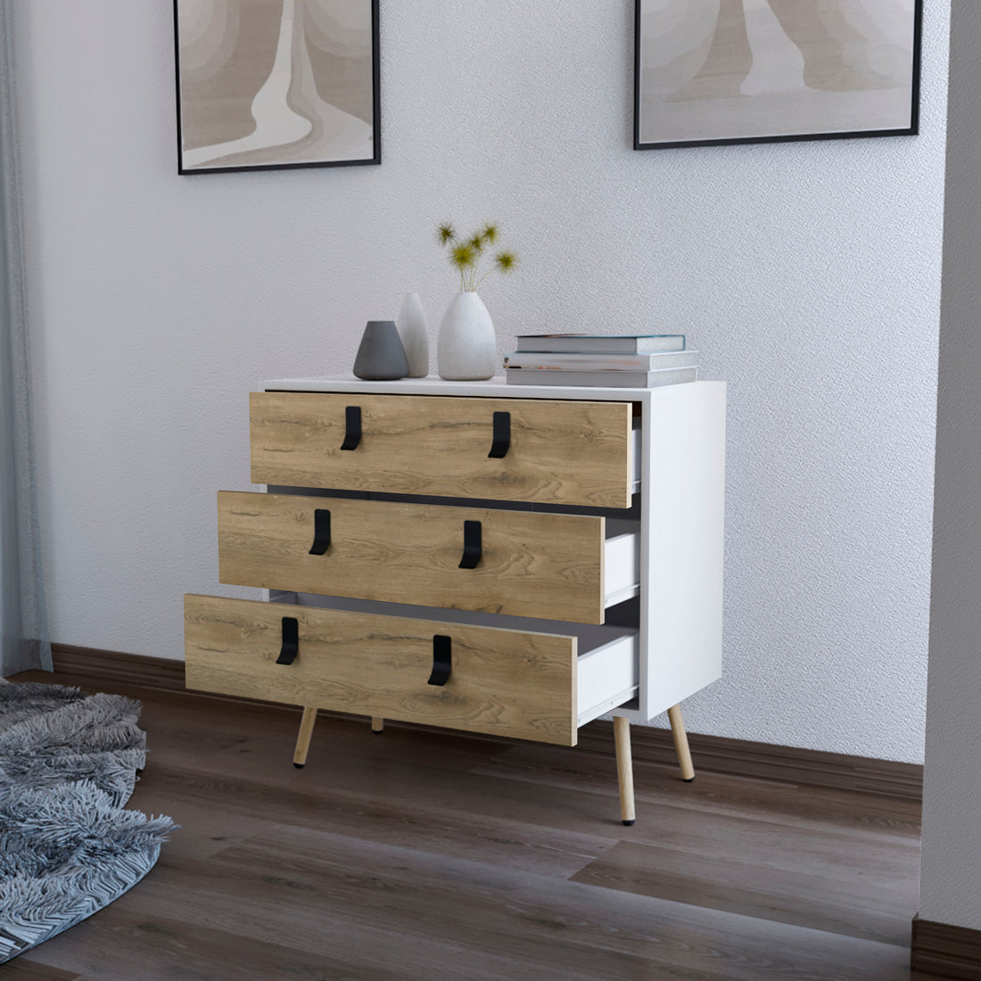 Kimball 3 Drawer Dresser, Modern Chic Storage With Wooden Legs Multicolor Particle Board Engineered Wood