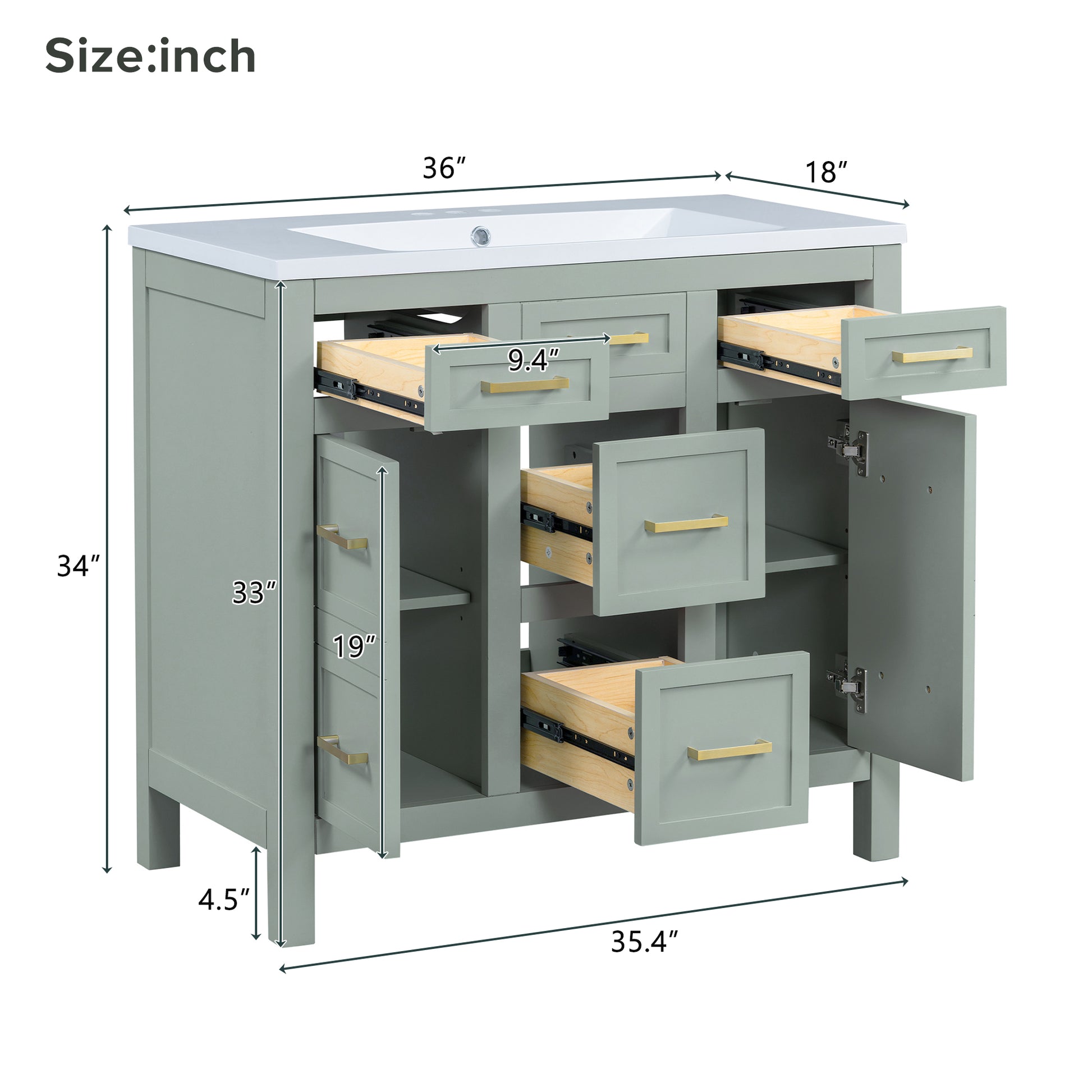 36" Bathroom Vanity Cabinet With Resin Integrated Sink 4 Drawers, 2 Doors Green Bathroom Solid Wood Mdf Resin