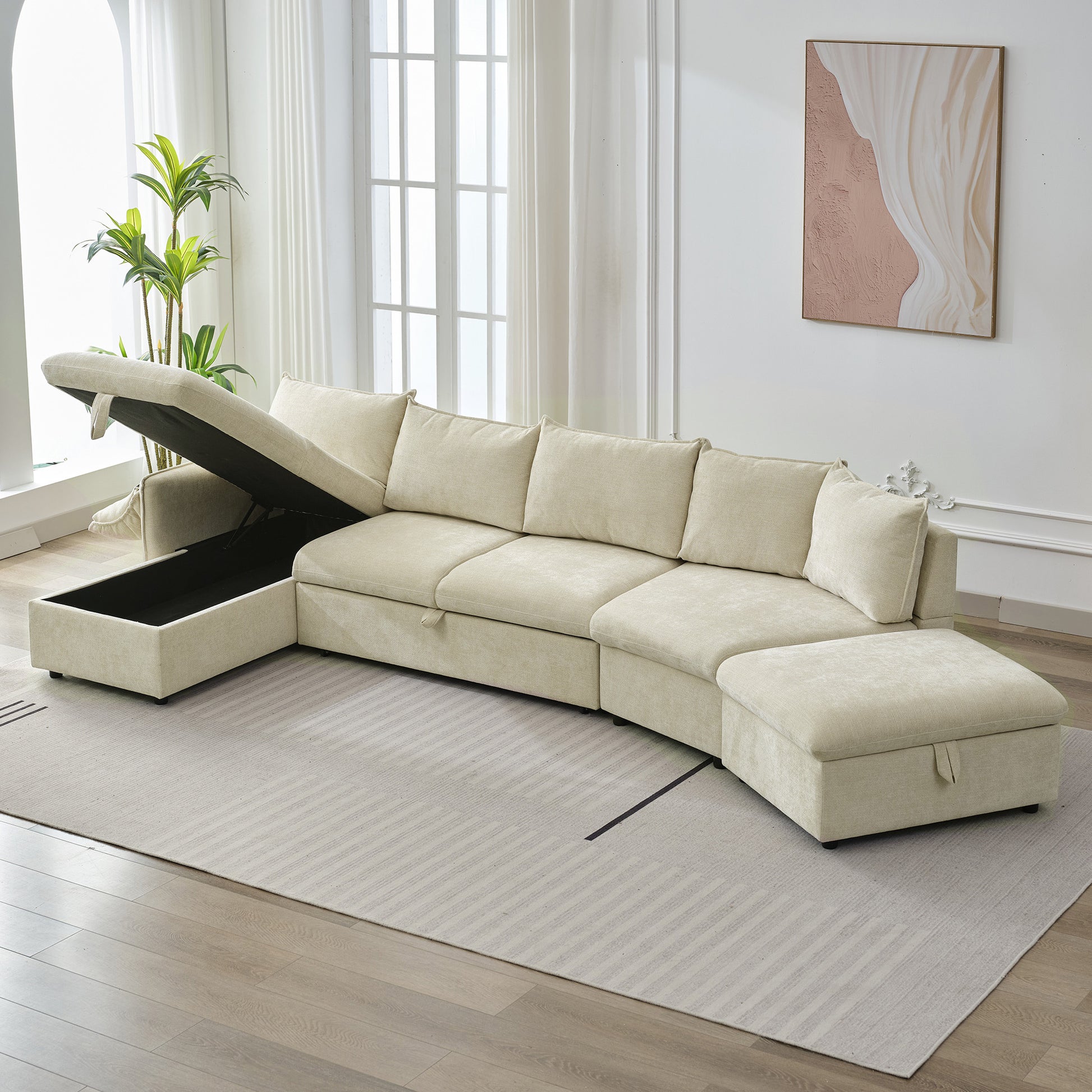 146.9" L Shaped Sofa Sectional Sofa Couch Pull Out Sofa Bed With A Movable Storage Ottoman, A Storage Chaise Lounge And Two Usb Ports For Living Room, Beige Beige Foam Linen 5 Seat