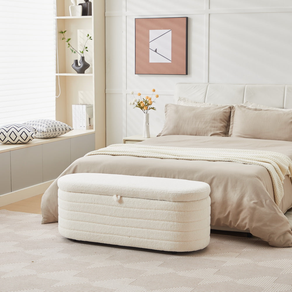 S03 Basics Upholstered Storage Ottoman And Entryway Bench White White Boucle