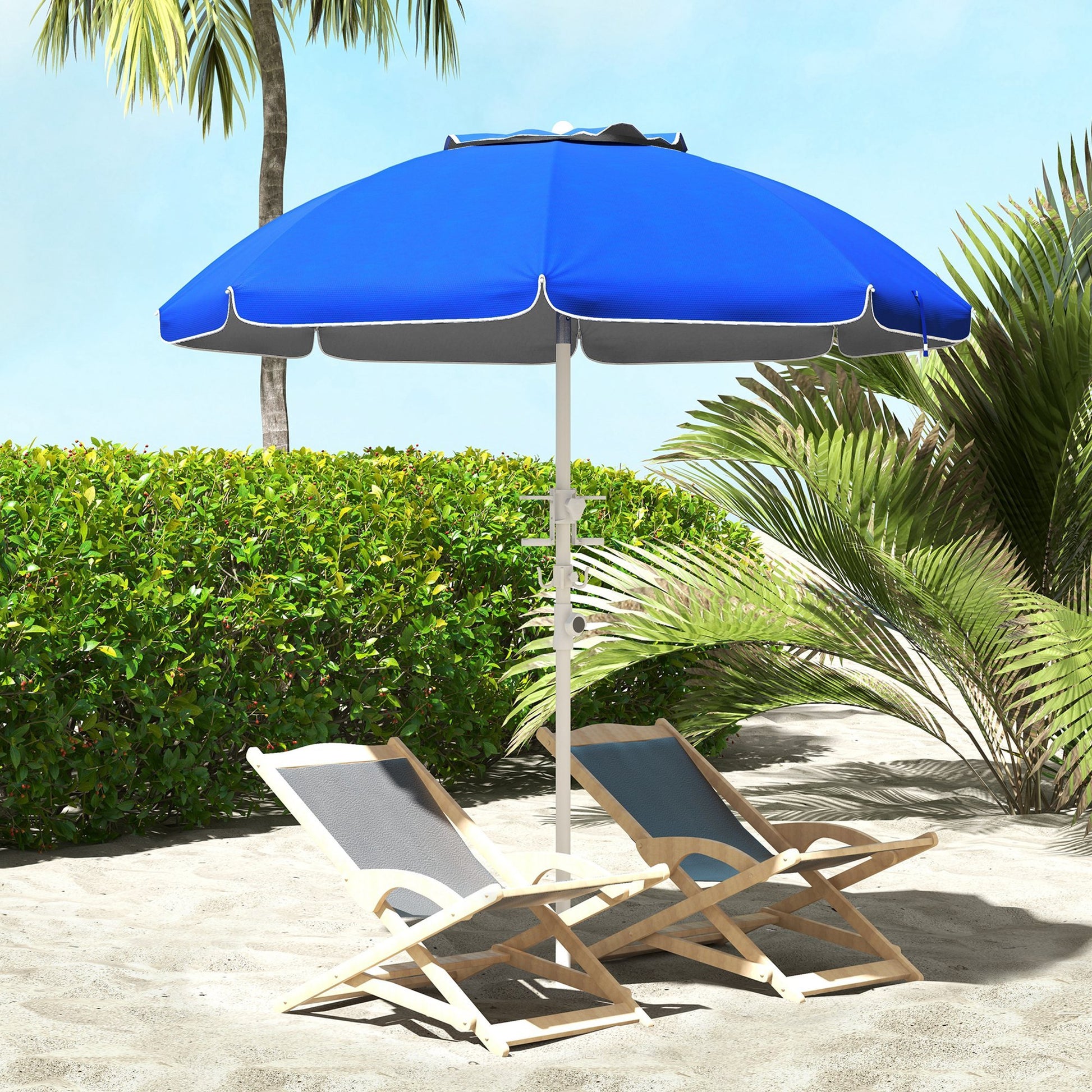 Outsunny 5.7' Portable Beach Umbrella With Tilt, Adjustable Height, 2 Cup Holders & Hooks, Uv 40 Ruffled Outdoor Umbrella With Vented Canopy, Blue Blue Polyester