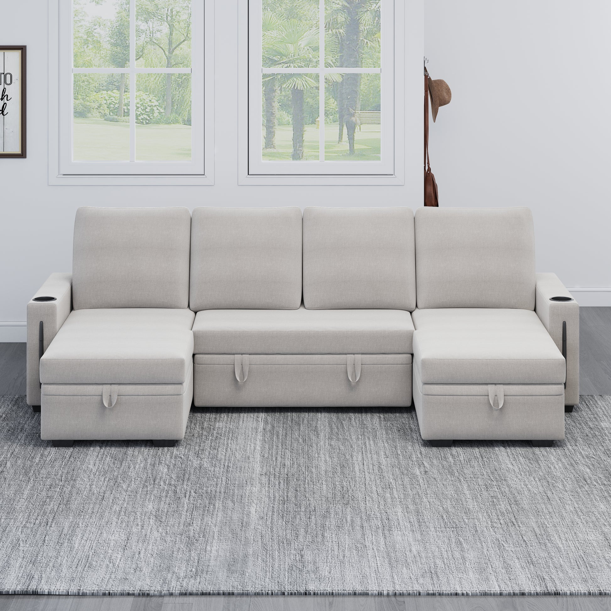 Sectional Sofa With Storage, 96" U Shaped Sectional Couches For Living Room, Comfy Convertible Sectional Sofa Beige Beige Linen Wood Primary Living Space Cushion Back Soft Modern Eucalyptus Square Arms Foam Linen 4 Seat