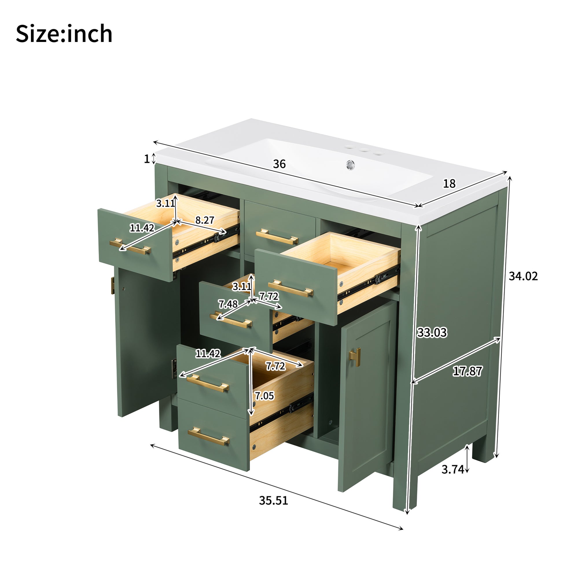 36'' Bathroon Vanity With Resin Sink Combo Set,Modern Freestanding Single Bathroom Cabinet With 4 Drawers & 2 Cabinets,Storage Cabinet For Bathroom, Solid Wood Frame Vanity Set, Green 4 Green 2 2 Adjustable Hinges Bathroom Freestanding Solid Wood Mdf