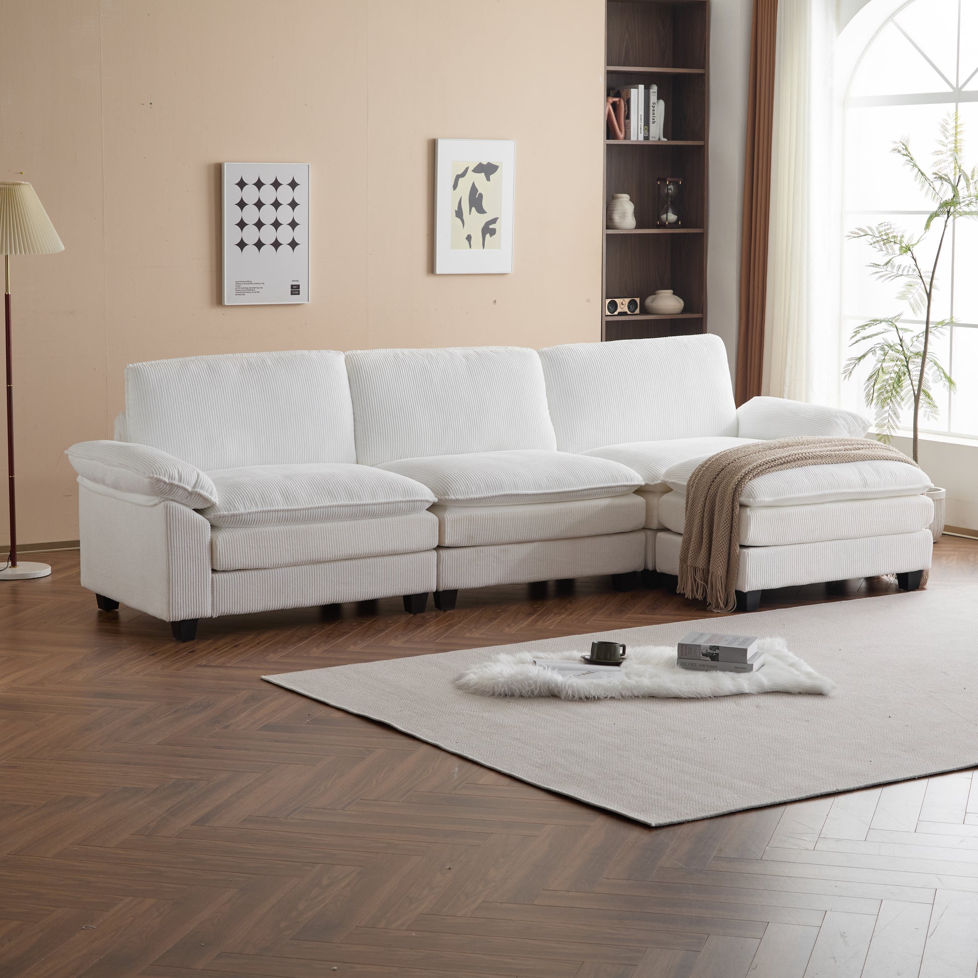 Modular Sectional Sofa With Movable Ottoman,L Shaped Corduroy Fabric Couch With High Supportive & Soft Sponges And Removable Ottoman, Sleeper Comfy Upholstered Furniture For Living Room Beige Beige