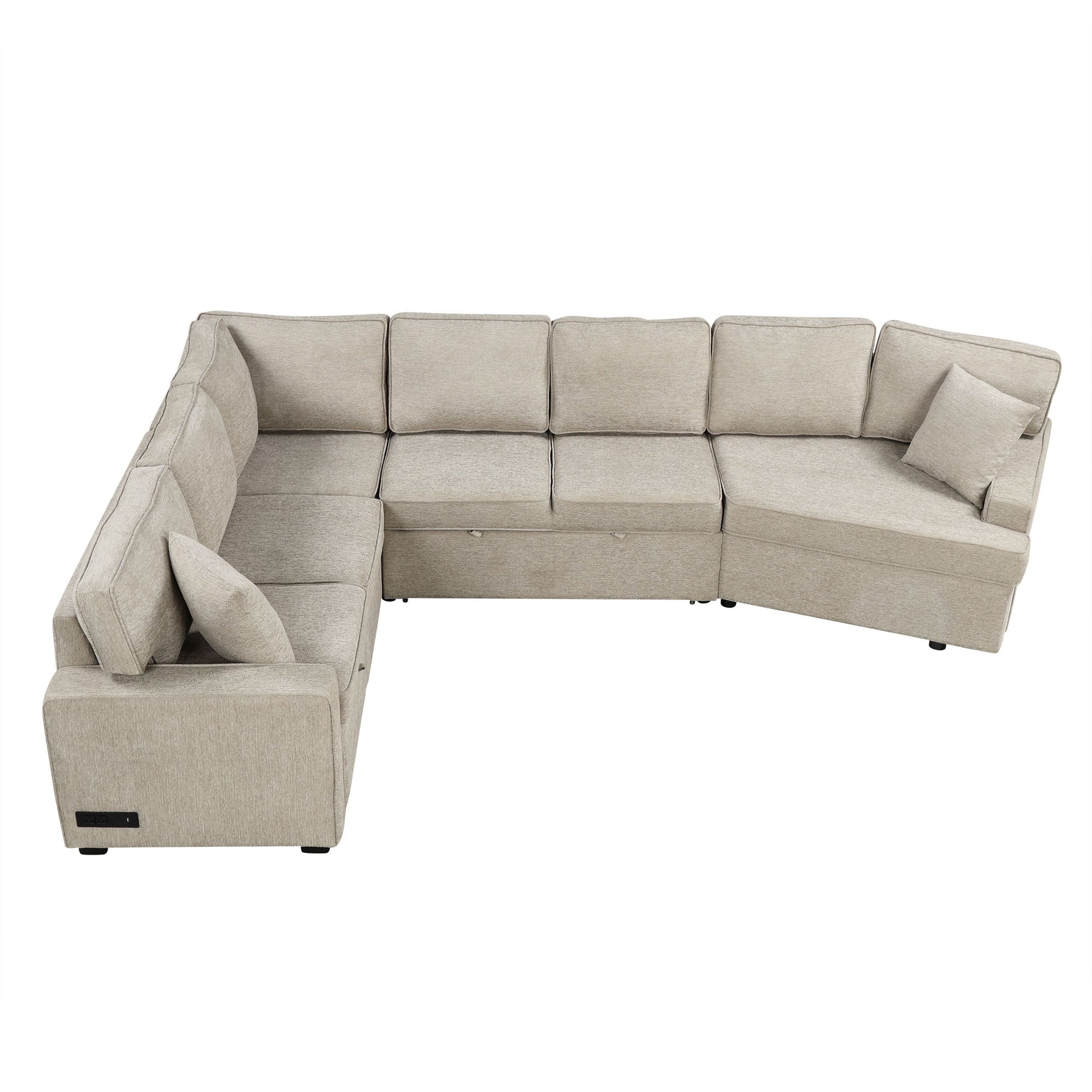 126" L Shaped Sofa Sectional Sofa Couch Pull Out Sofa Bed With Charging Devices And Cup Holders For Living Room, Beige Beige Foam Chenille 6 Seat