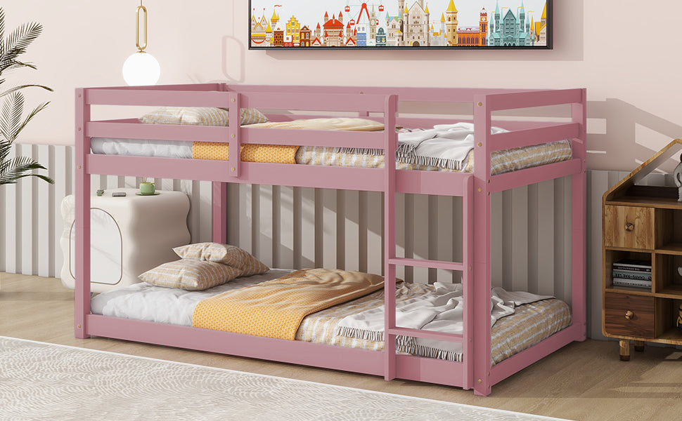 Twin Over Twin Floor Bunk Bed,Pink Twin Pink Pine