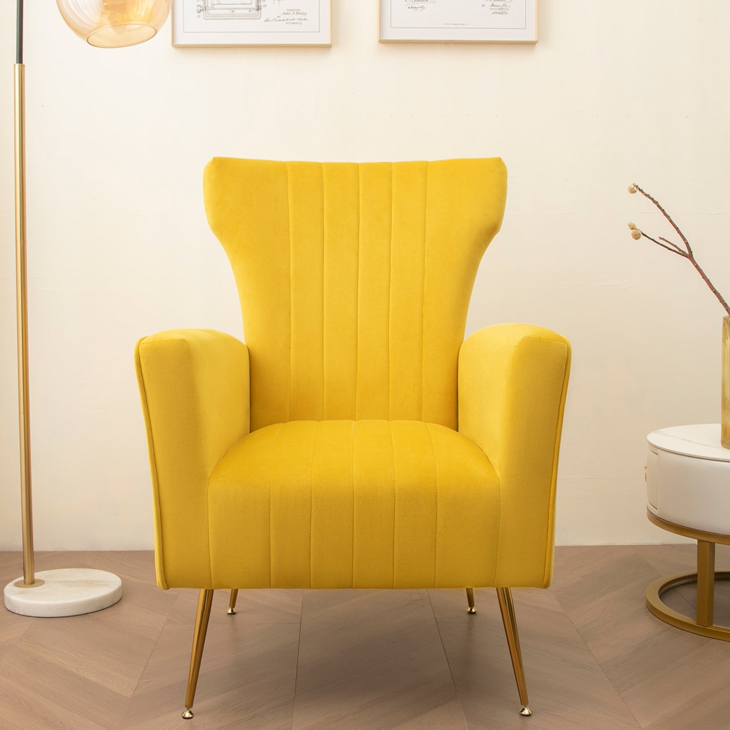 Velvet Accent Chair, Wingback Arm Chair With Gold Legs, Upholstered Single Sofa For Living Room Bedroom Yellow Velvet 1 Seat