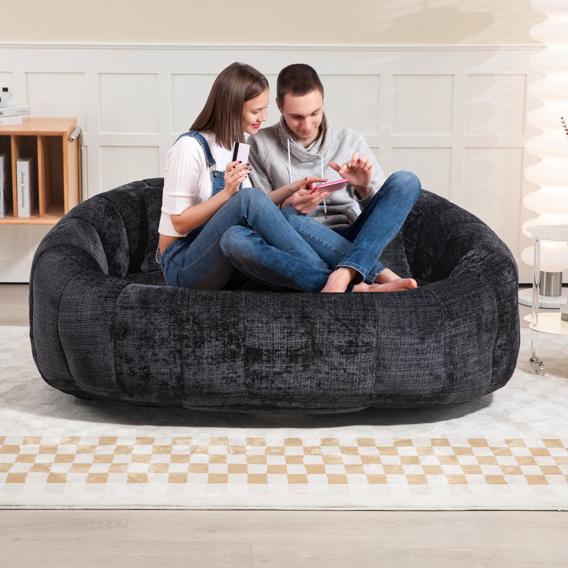 Coolmore Bean Bag Sofa Lazy Sofa Durable Comfort Lounger High Back Bean Bag Chair Couch For Adults And Kids, Indoor & Outdoor, Accent Floor Soft Lounge Chair Black Chenille Black Foam Chenille 2 Seat