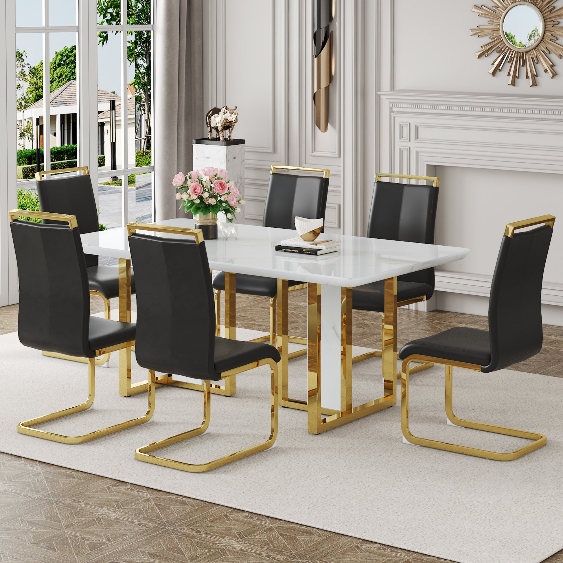 Table And Chair Set.67"X36" White Marble Pattern Mdf Dining Table Set With 6 Black Pu Chairs.Mdf Sticker,White Marble Pattern Sticker,Gold C Tube Chair Legs,Suitable For Kitchen,Dining Room,Etc.