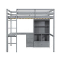 Full Size Loft Wood Bed With Desk, Storage Shelves And Drawers, Built In Ladder, High Loft Bed With Desk, Storage Shelves And Drawers,Guardrails,Grey Full Grey Pine