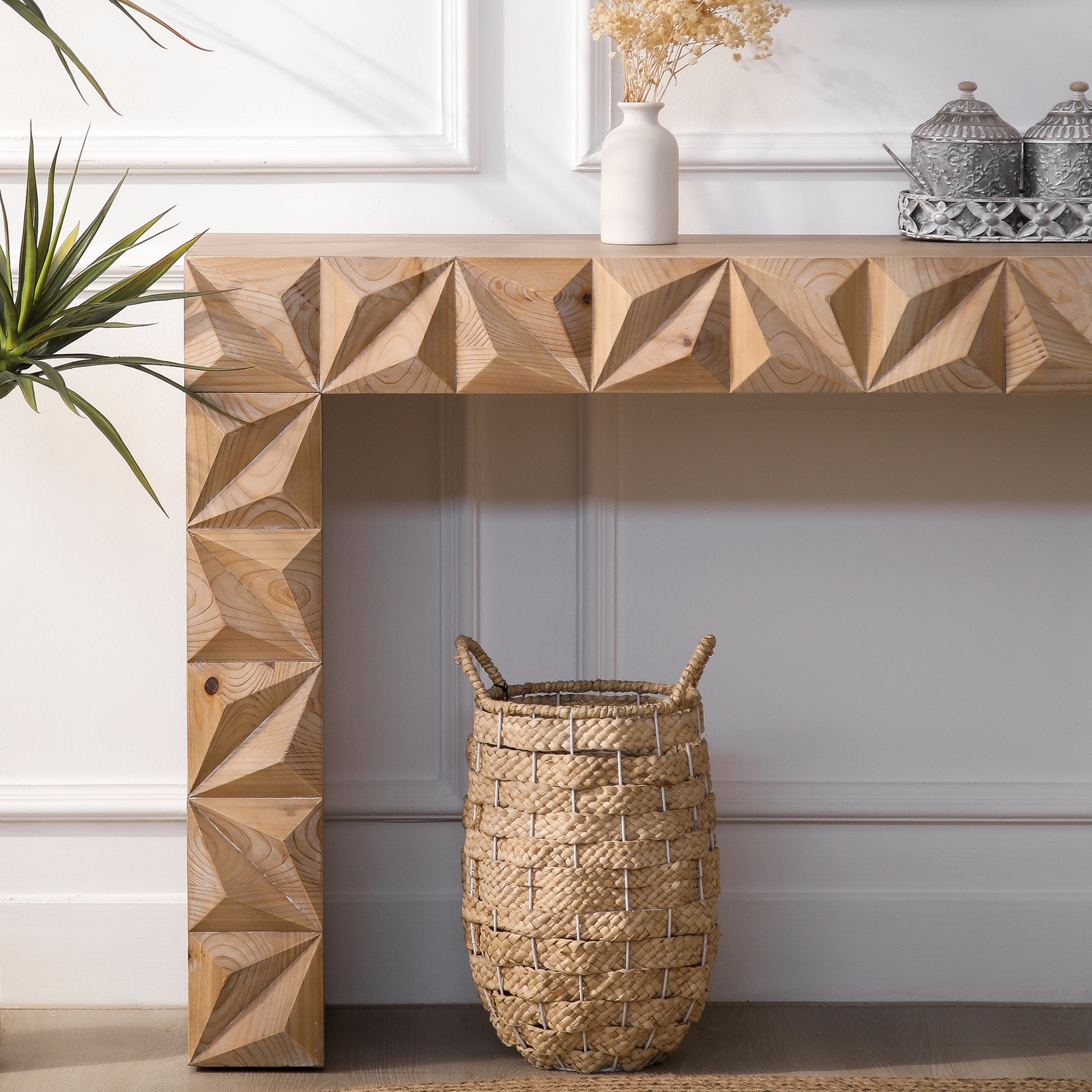Modern Geometric Wooden Console Table Natural Wood Finish With Handcrafted 3D Design Antique Natural,Natural,Natural & Light Brown,Natural Wood,Natural Wood Wash Nature Distressed Finish Primary Living Space Powder Coated Rectangular Wood
