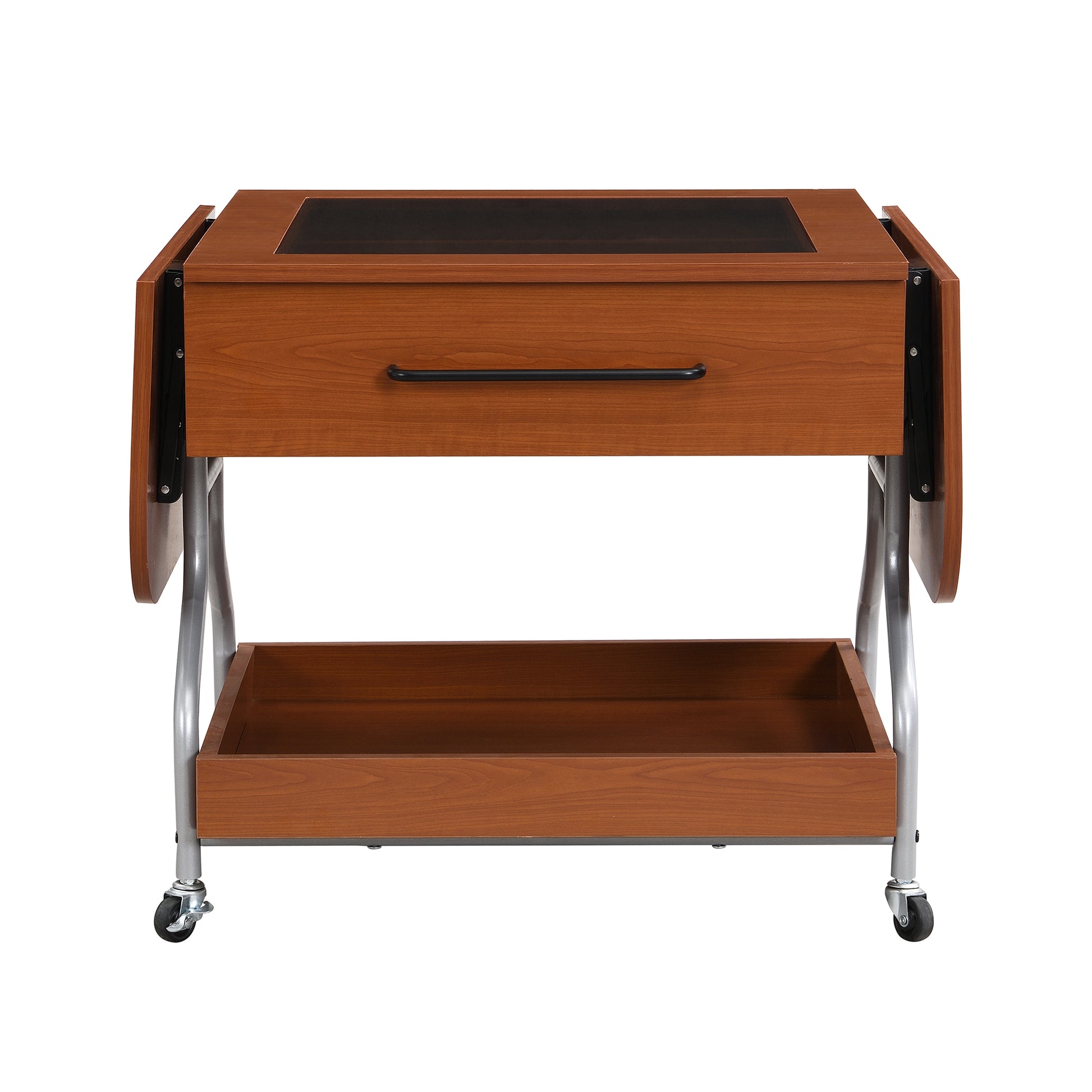 Modern Extended Coffee Table With Wheels, Folding Coffee Table With 1 Drawer And 2 Tier Storage, Metal Frame Coffee Table For Living Room Mahogany Glass,Mdf Metal