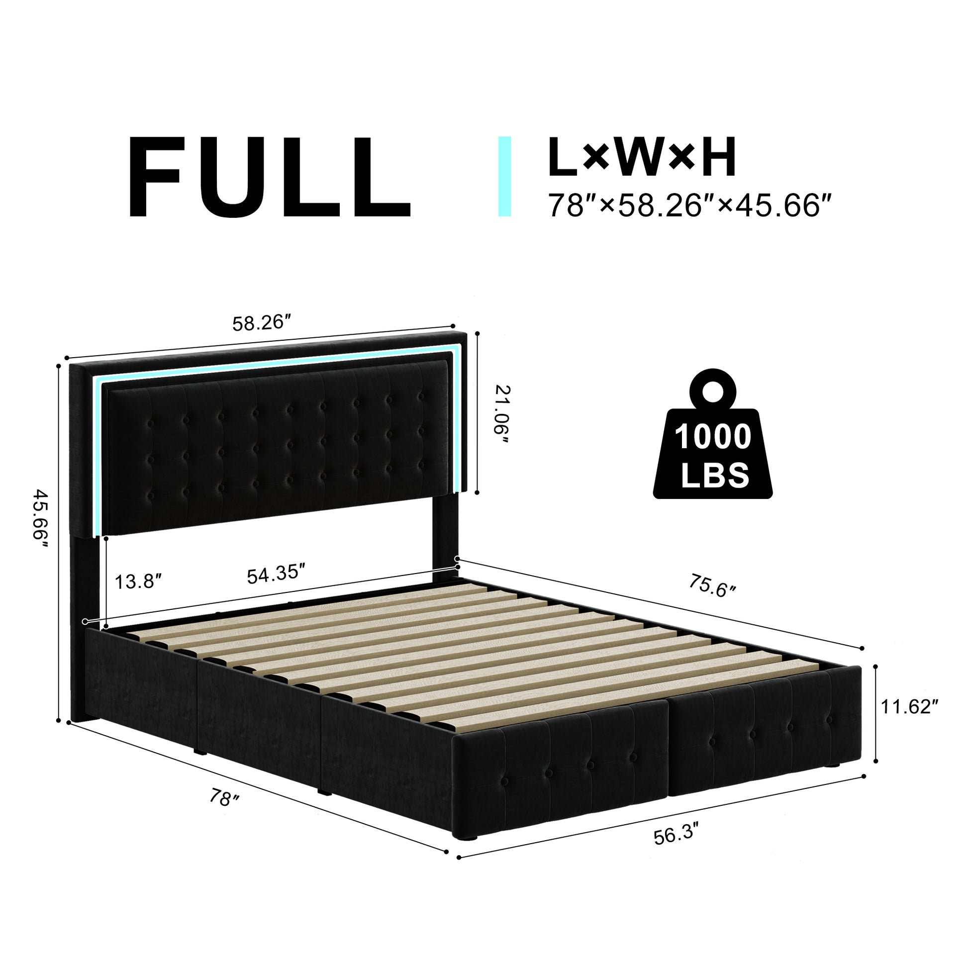 Full Size Led Bed Frame With 4 Storage Drawers, Smart Control Rgb Led Lights On Headboard, With Remote Control, Upholstered Adjustable Headbaord, Velvet Black Mdf Metal