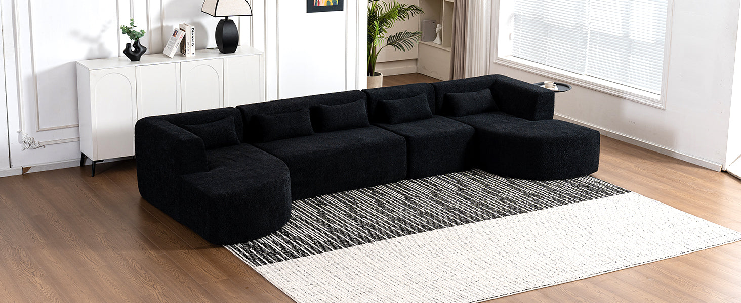 143.7" Upholstered Sofa Free Combined Sofa Couch With Two Chaise Lounge And Five Back Pillows For Living Room, Black Black Foam Polyester 5 Seat