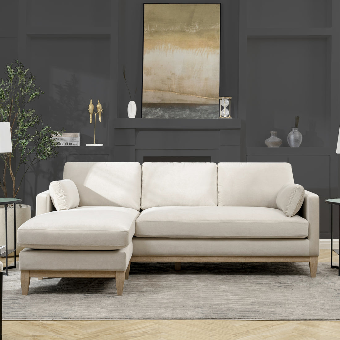 Knox 89" Modern Farmhouse Reversible Chaise Sectional Sofa, French Beige Performance Velvet Beige Foam Velvet 4 Seat