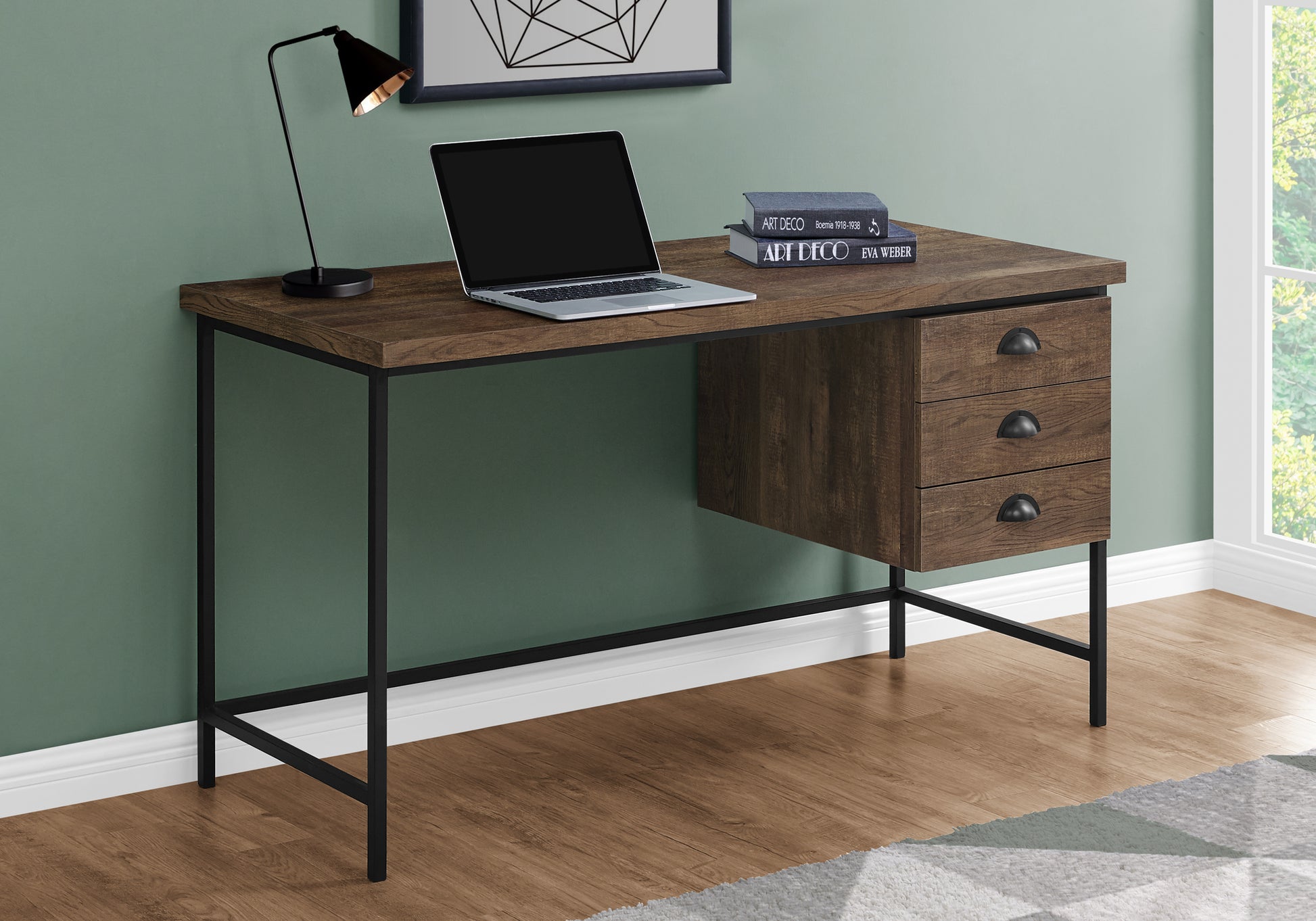 Computer Desk, Home Office, Laptop, Storage Drawers, 55"L, Work, Brown Laminate, Black Metal, Contemporary, Modern Brown Particle Board