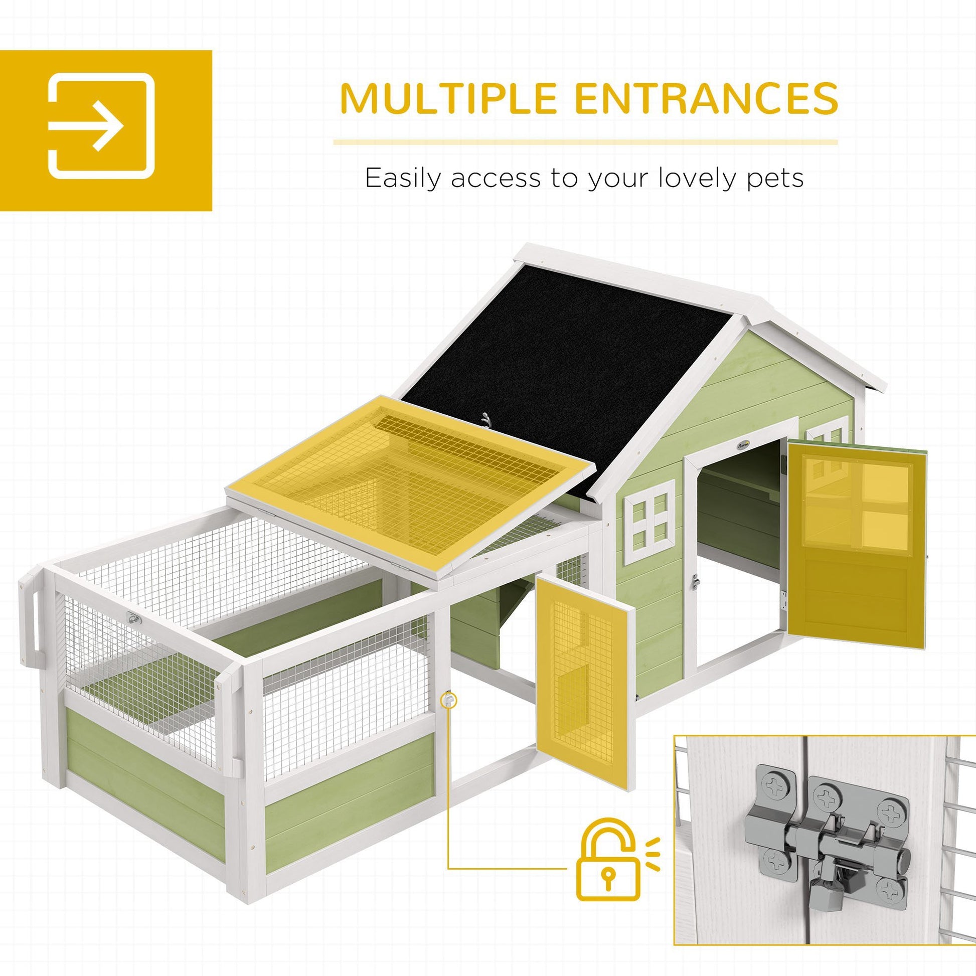 Pawhut Rabbit Hutch, Outdoor Rabbit Cage Or Guinea Pig Cage With Asphalt Roof, Handle, Wheels, 64 Inch Wooden Bunny Cage For Small Animals, Multicolor Multicolor Wood