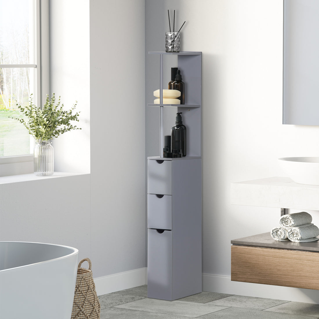 Homcom 54" Tall Bathroom Storage Cabinet, Freestanding Linen Tower With 2 Tier Shelf And Drawers, Narrow Side Floor Organizer, Grey Grey Mdf