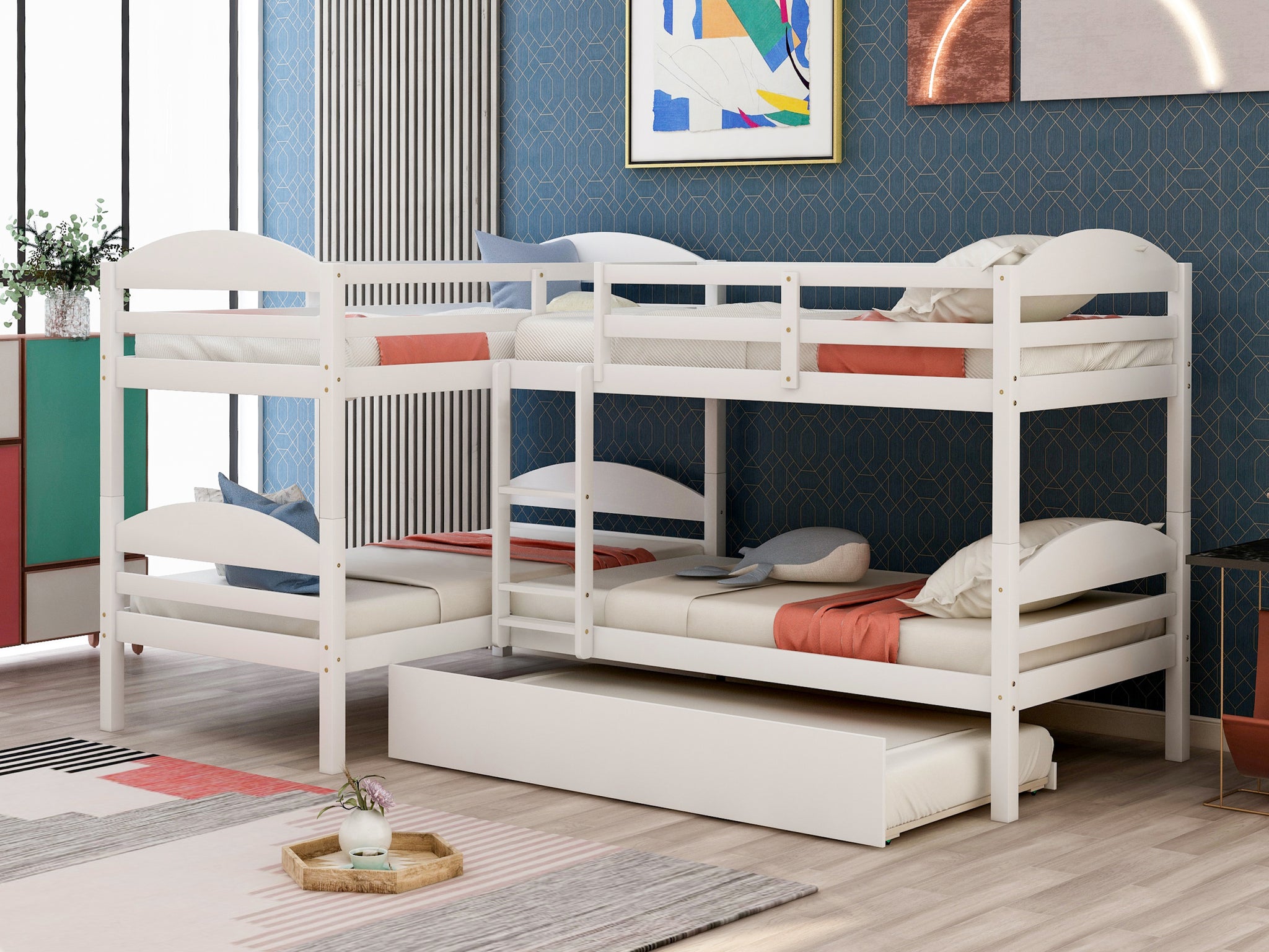 Twin L Shaped Bunk Bed With Trundle White Old Sku:Lp000024Aak White Solid Wood