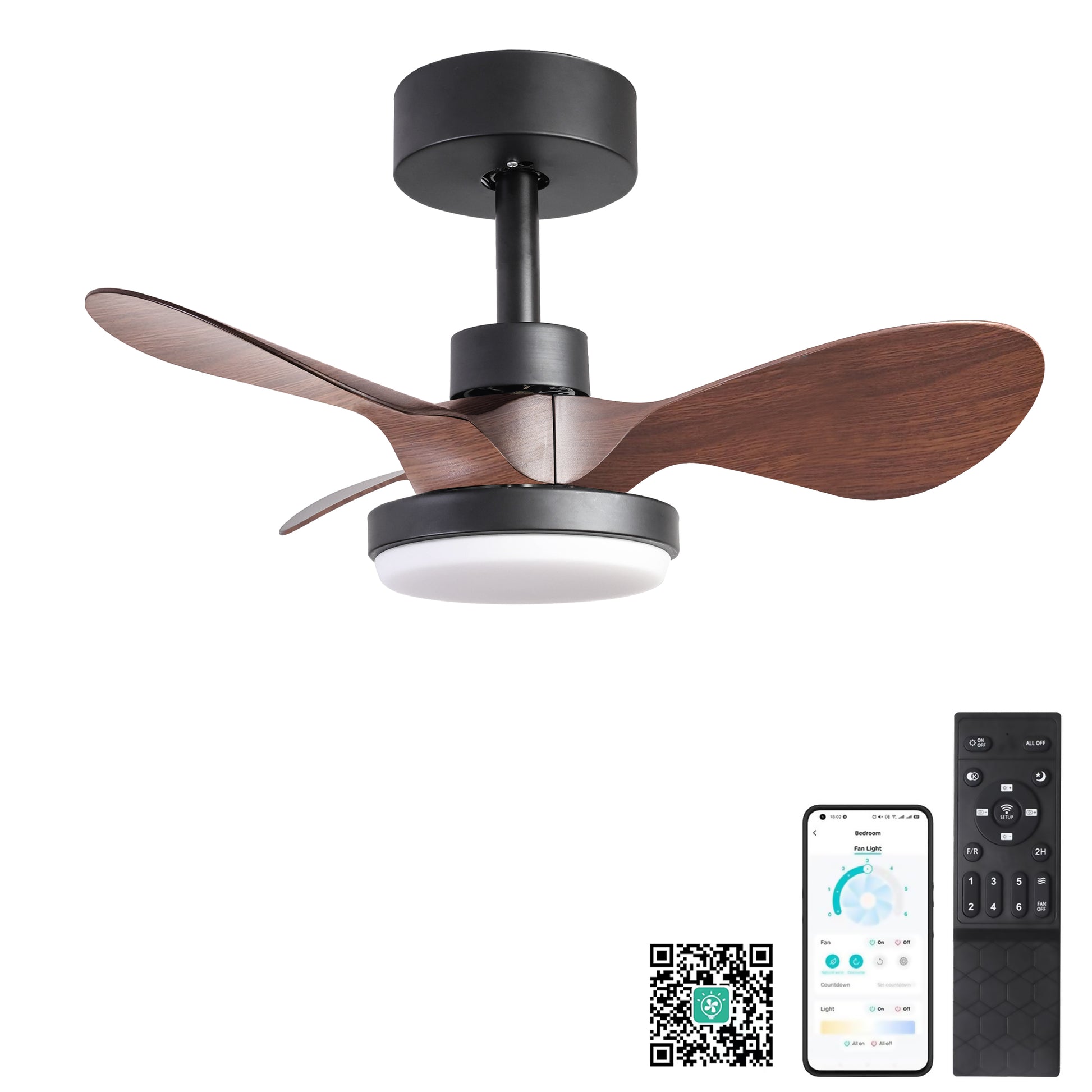 24" Black Small Ceiling Fan With Light Remote Control ,Modern Low Profile Ceiling Fan, 6 Speeds Quiet Reversible Dc Motor For Bedroom,Kitchen Black Brown Classic Abs Steel Q235