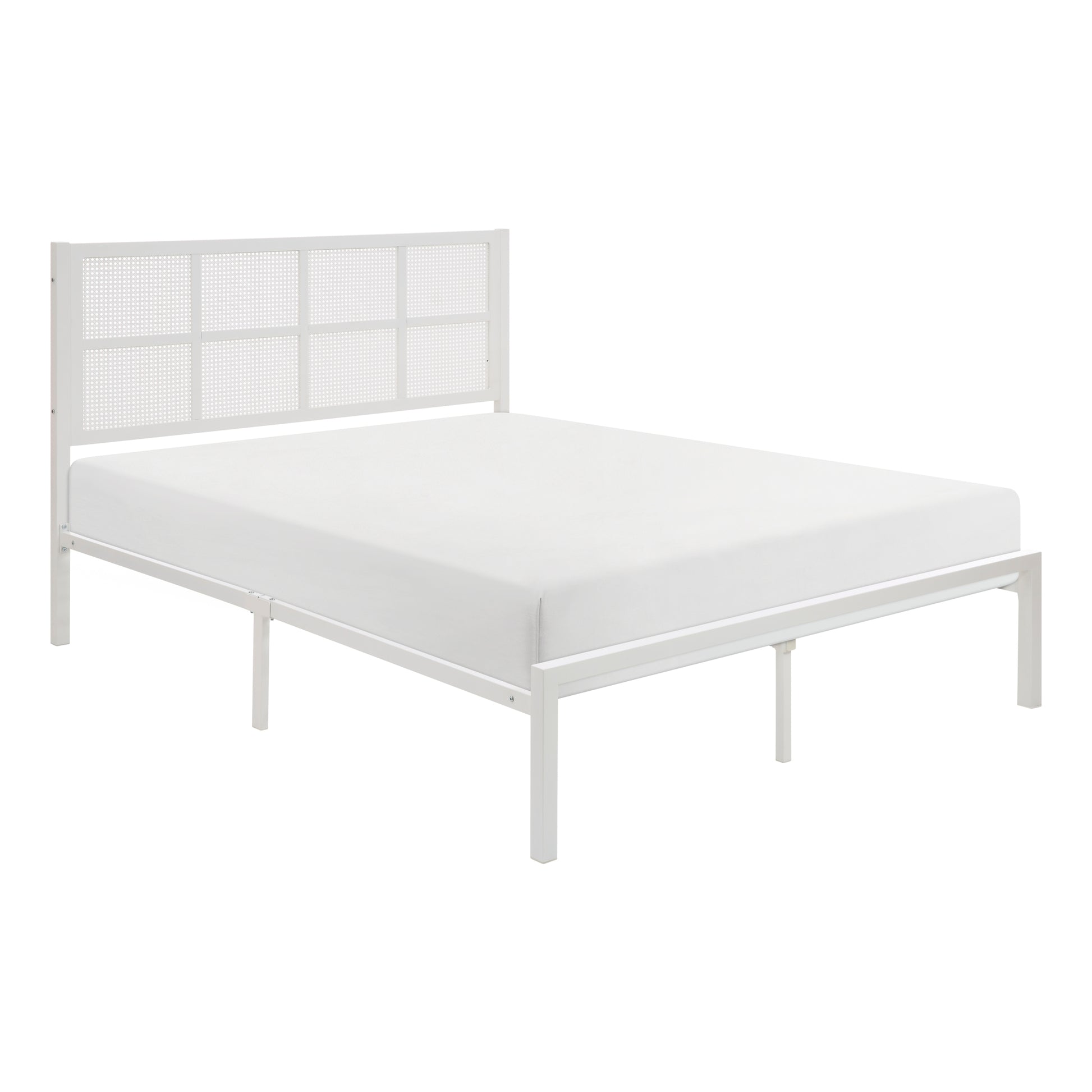 1Pc Queen Platform Bed, Metal Frame White Finish Faux Cane Panel Headboard Casual Coastal Bedroom Furniture, Bed In A Box Box Spring Not Required Queen White Metal Bedroom Casual,Coastal Metal