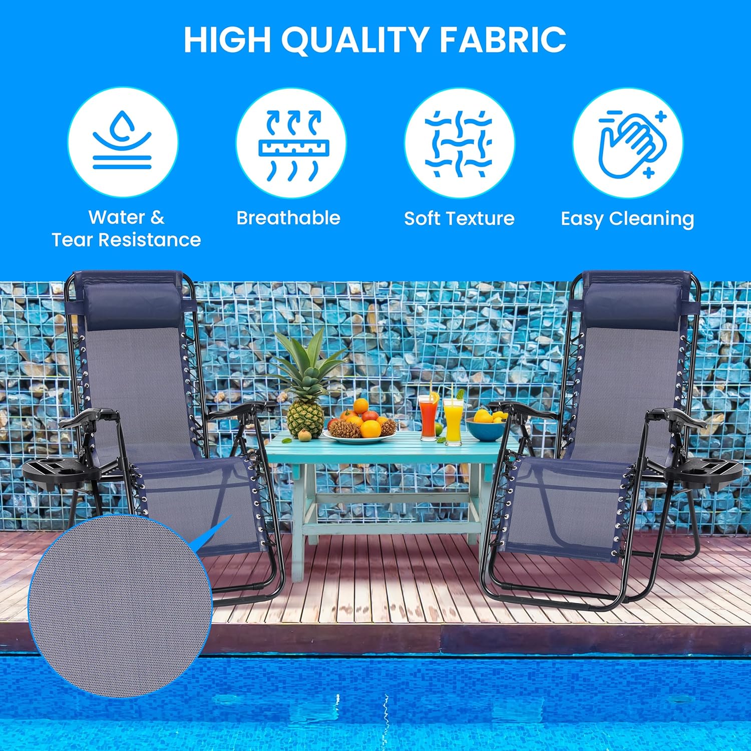 2 Set Zero Gravity Chairs Patio Portable Reclining Folding Lounge Chair Beach Camping Chairs With Pillow And Cup Holder Trays For Garden, Poolside, Blue Blue Steel