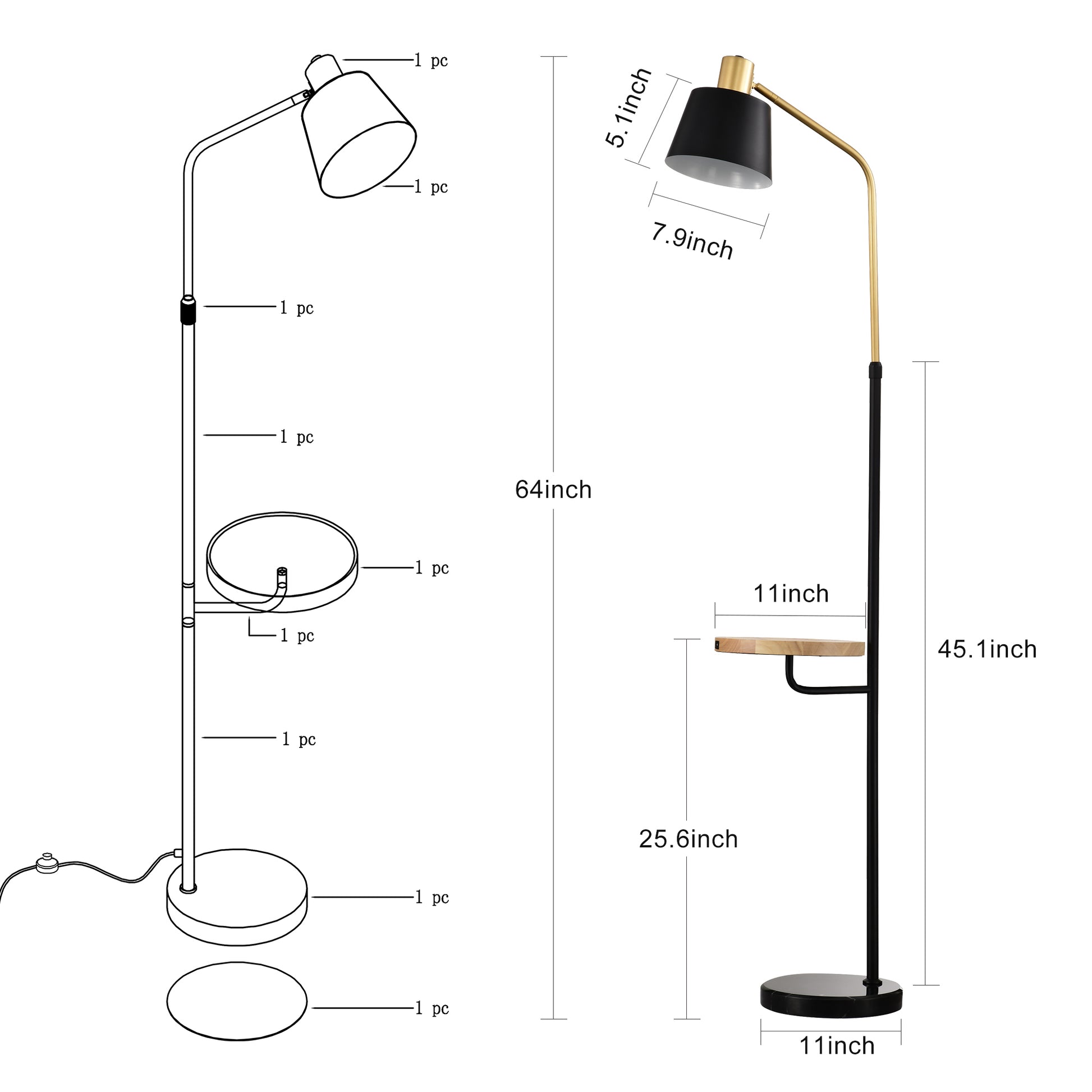 Real Marble Floor Lamp With Wood Bedside Nightstand End Table And Built In Usb Charging Port For Living Room Sofas Bedroom,Matte Gold Matte Black Matte Black American Design,Industrial,Luxury,Modern Metal