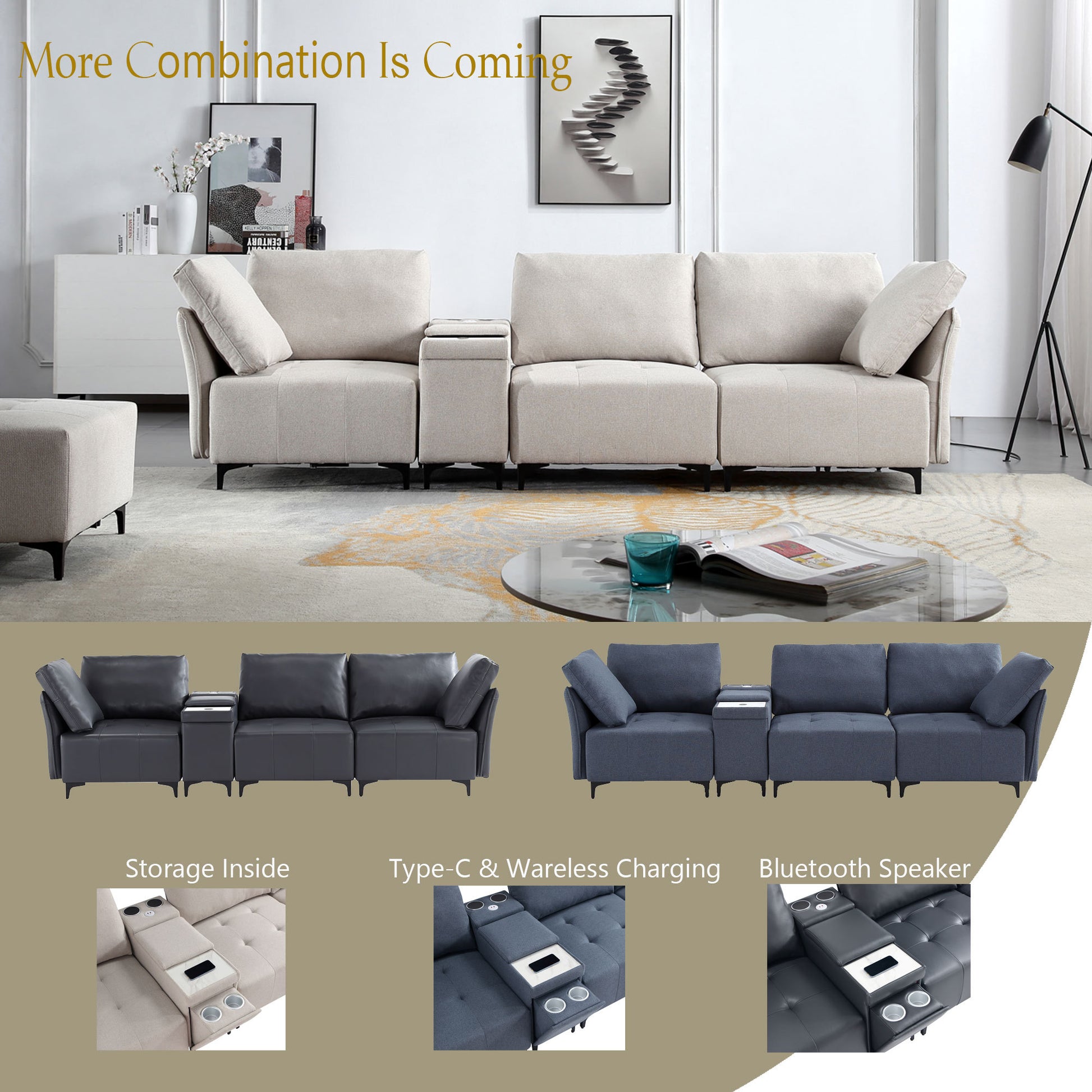 Modular Sectional Sofa,Multifunctional Couches For Living Room With Storage, Mid Console With Speaker And Storage,2 Usb Port And 1 Type C ,Wireless Charging Ceramic Top,Aluminum Cup Holder. Beige Linen Wood Primary Living Space Medium Soft Loose Back