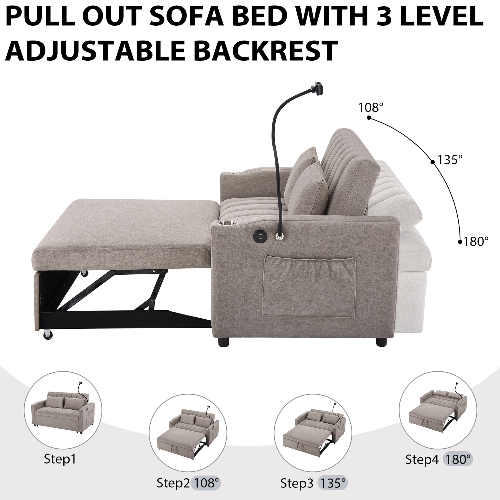 55.9" Convertible Sofa Bed Loveseat Sofa With Three Usb Ports, Two Side Pockets, Two Cup Holders And 360 Swivel Phone Holder For Living Room, Light Grey Light Grey Foam Polyester 2 Seat