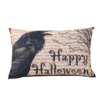 20X13" Crow Happy Halloween Pillow Beige Black Polyester