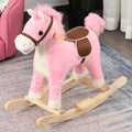 Qaba Rocking Horse Plush Animal On Wooden Rockers, Baby Rocking Chair With Sounds, Moving Mouth, Wagging Tail, Pink Pink Plush