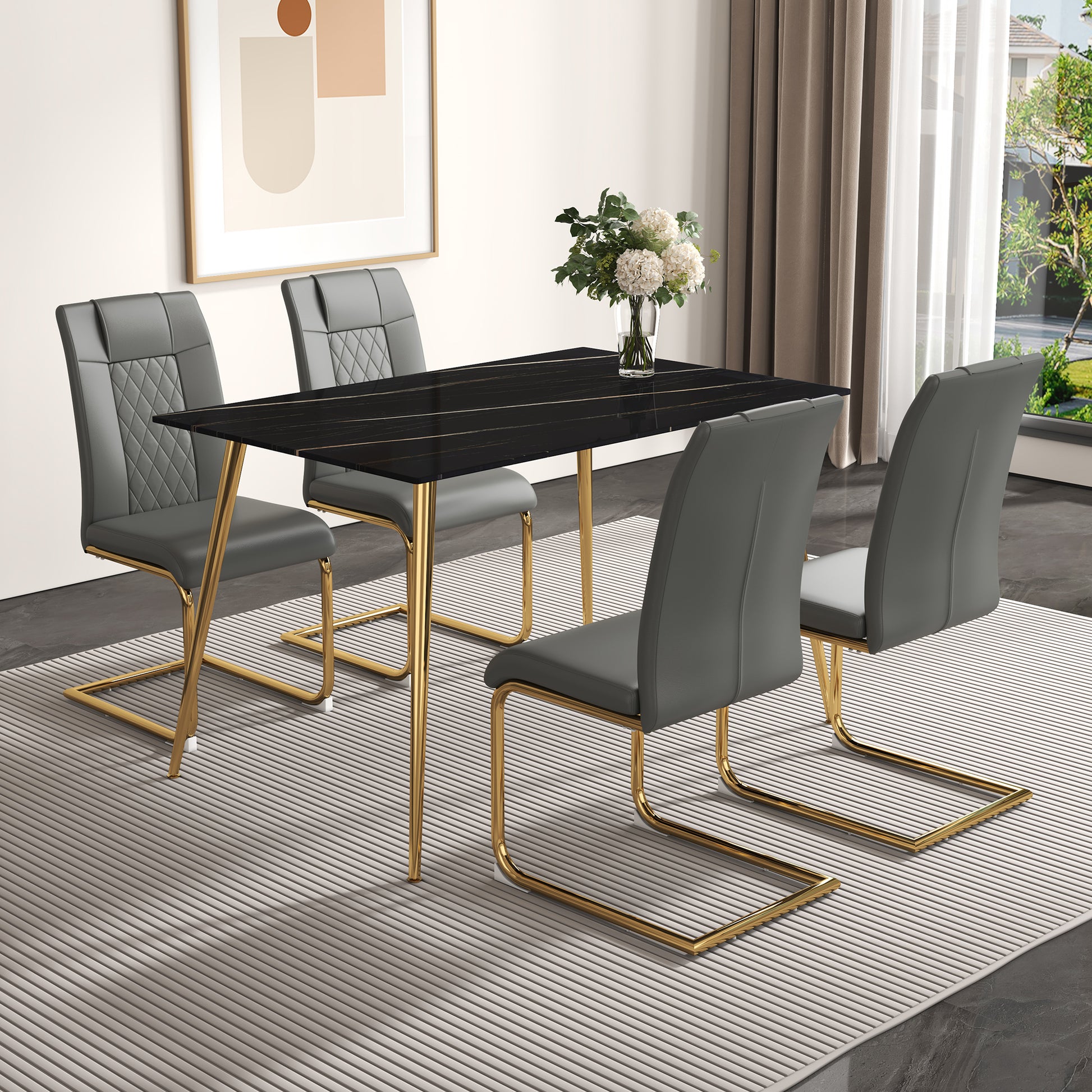 Table And Chair Set. 1 Table With 4 Gray Pu Chairs. Modern Minimalist Rectangular Black Imitation Marble Dining Table, With Golden Metal Legs. Paired With 4 Chairs With Golden Legs.Dt 1544 C001 Black Gold Glass Metal