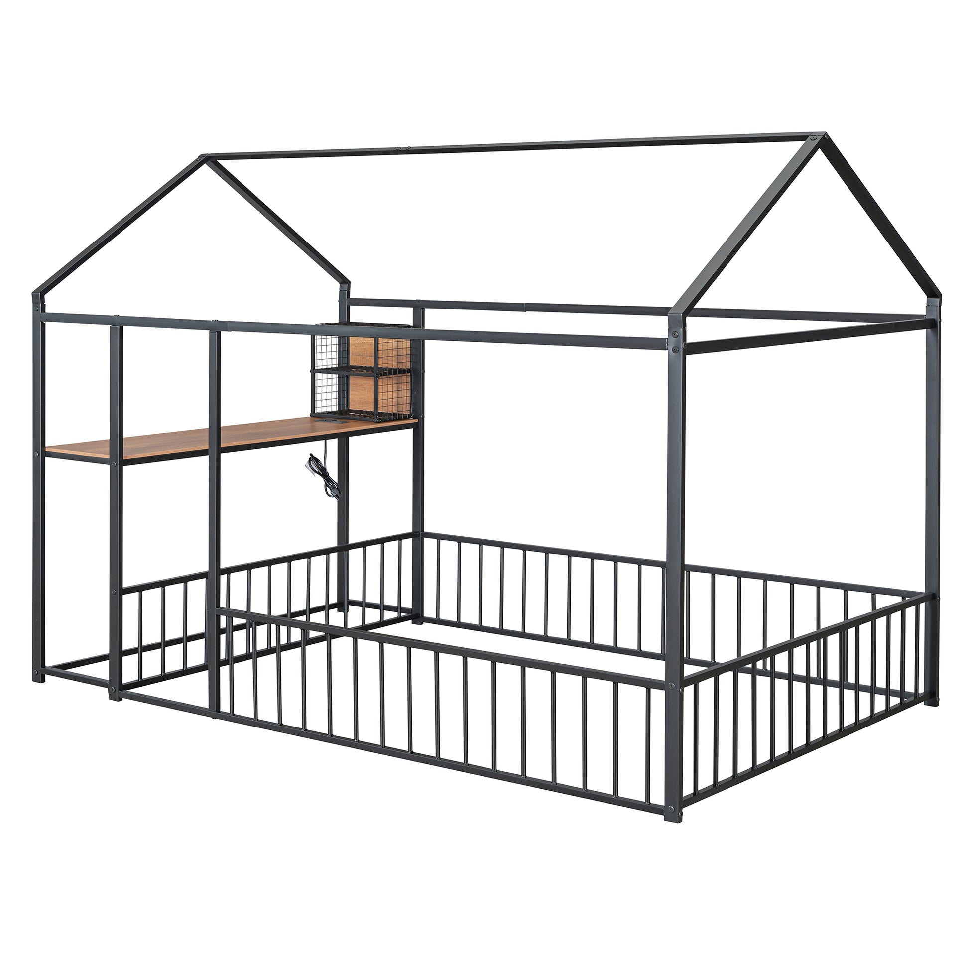 Full Size Metal Bed House Bed Frame With Desk, Shelves, Power Outlets And Usb Ports, Black Full Black Metal