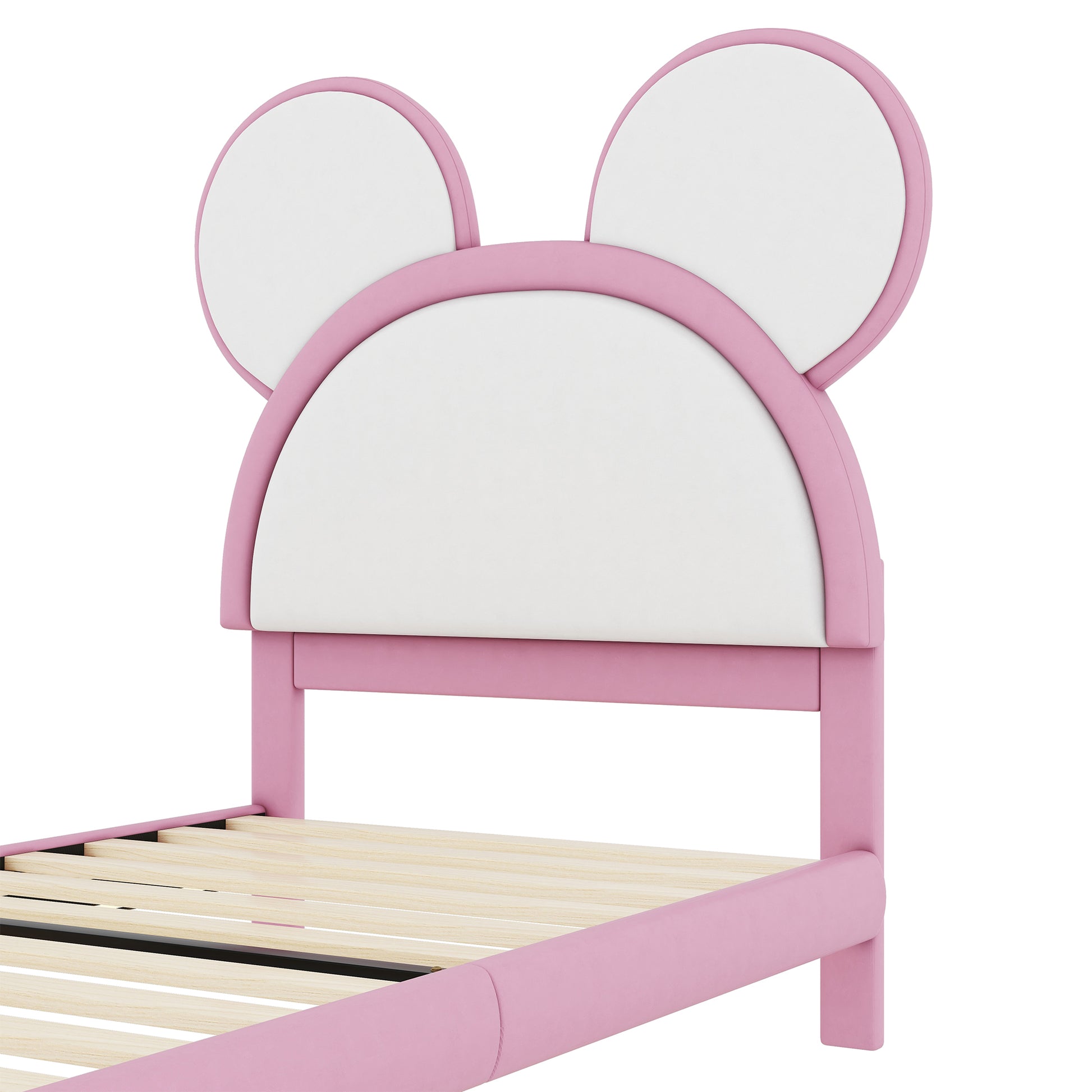 Twin Size Upholstered Platform Bed With Cartoon Ears Shaped Headboard And Led, White&Pink Box Spring Not Required Twin White Pink Bedroom Bed Frame Faux Leather Upholstered