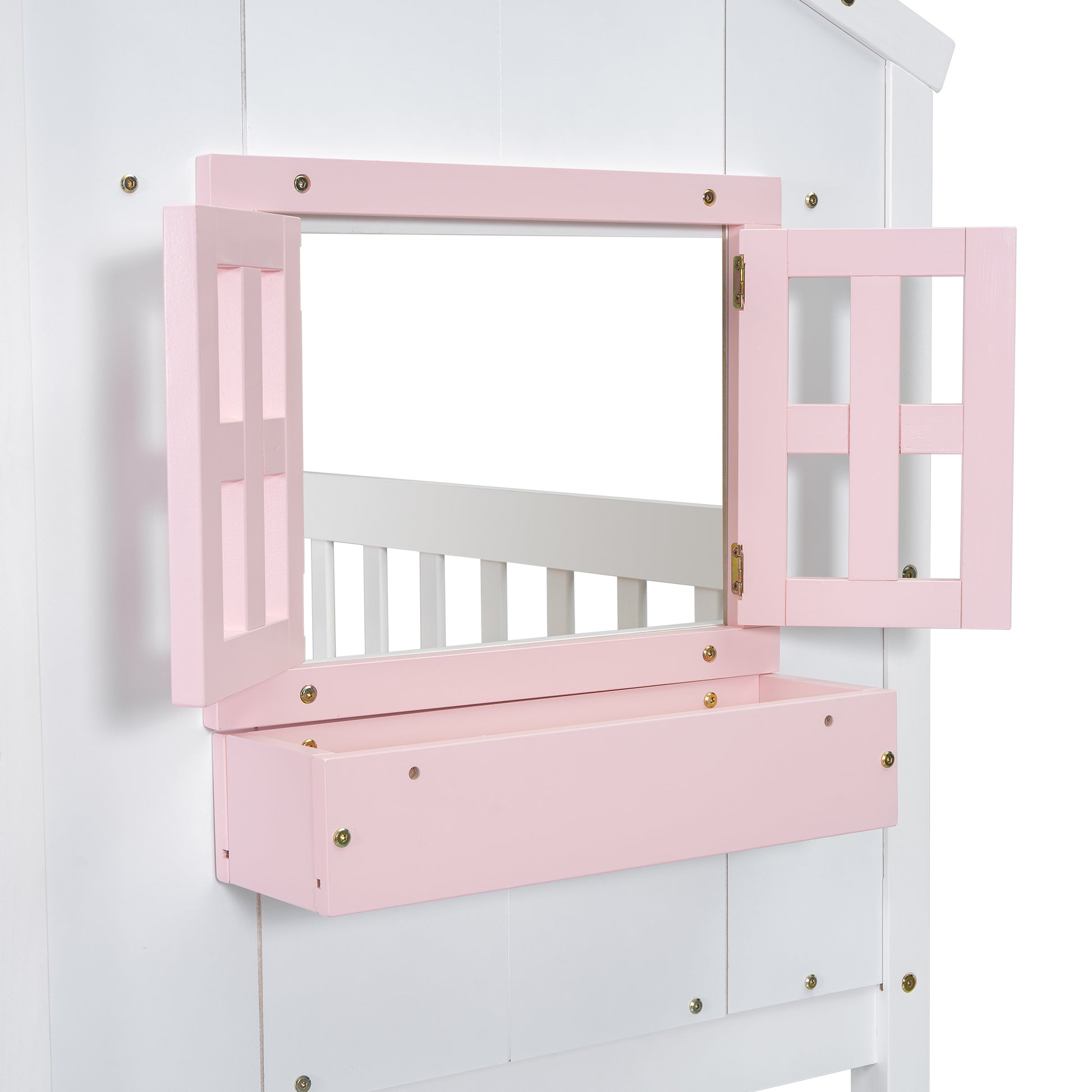 Twin Over Twin House Bunk Bed With Roofwindow, Window Box, Doorwith Safety Guardrails And Ladder, Pink White Twin Pink White Pine