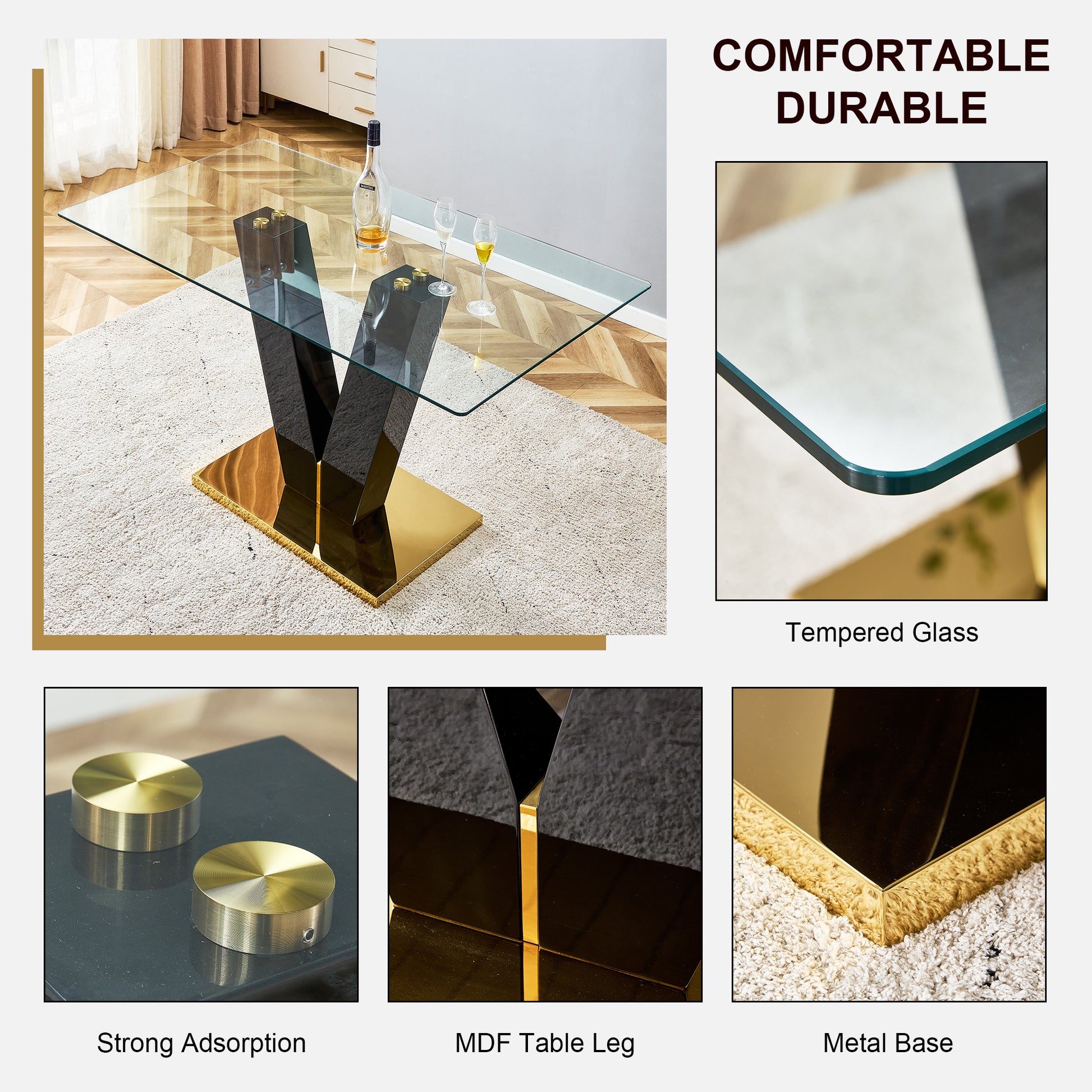 Table And Chair Set,Clear Tempered Glass And Black Legs Of The Table, Pu And Gold Legs Of The Chair Black Grey Seats 4 Tempered Glass