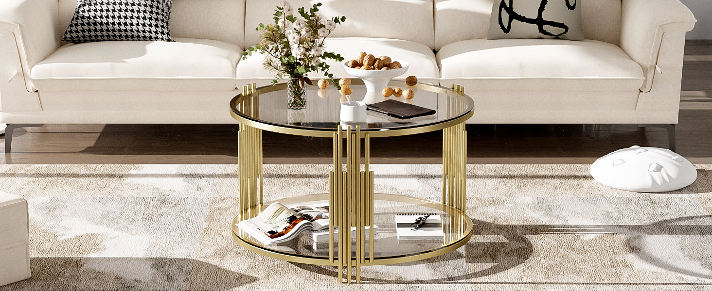 Modern Glass Coffee Table In 31.5", Asymmetrical Metal, Circular Metal Drum Base, Gold Finish & Lower Shelf Transparent Tempered Glass