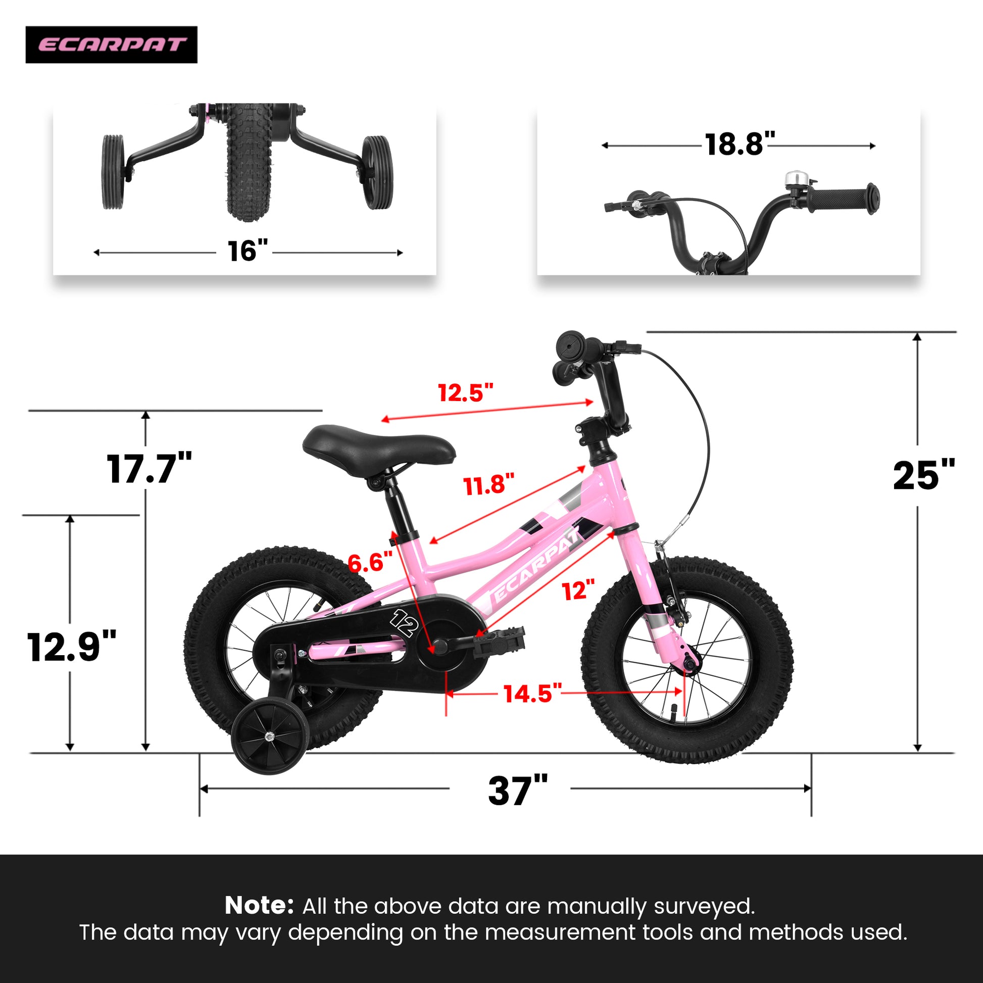 A12117 Ecarpat Kids' Bike 12 Inch Wheels, 1 Speed Boys Girls Child Bicycles For 2 3 Years, With Removable Training Wheels Baby Toys, Front V Brake, Rear Holding Brake Pink Polyurethane Foam 3 To 4 Years Carbon Steel Outdoor