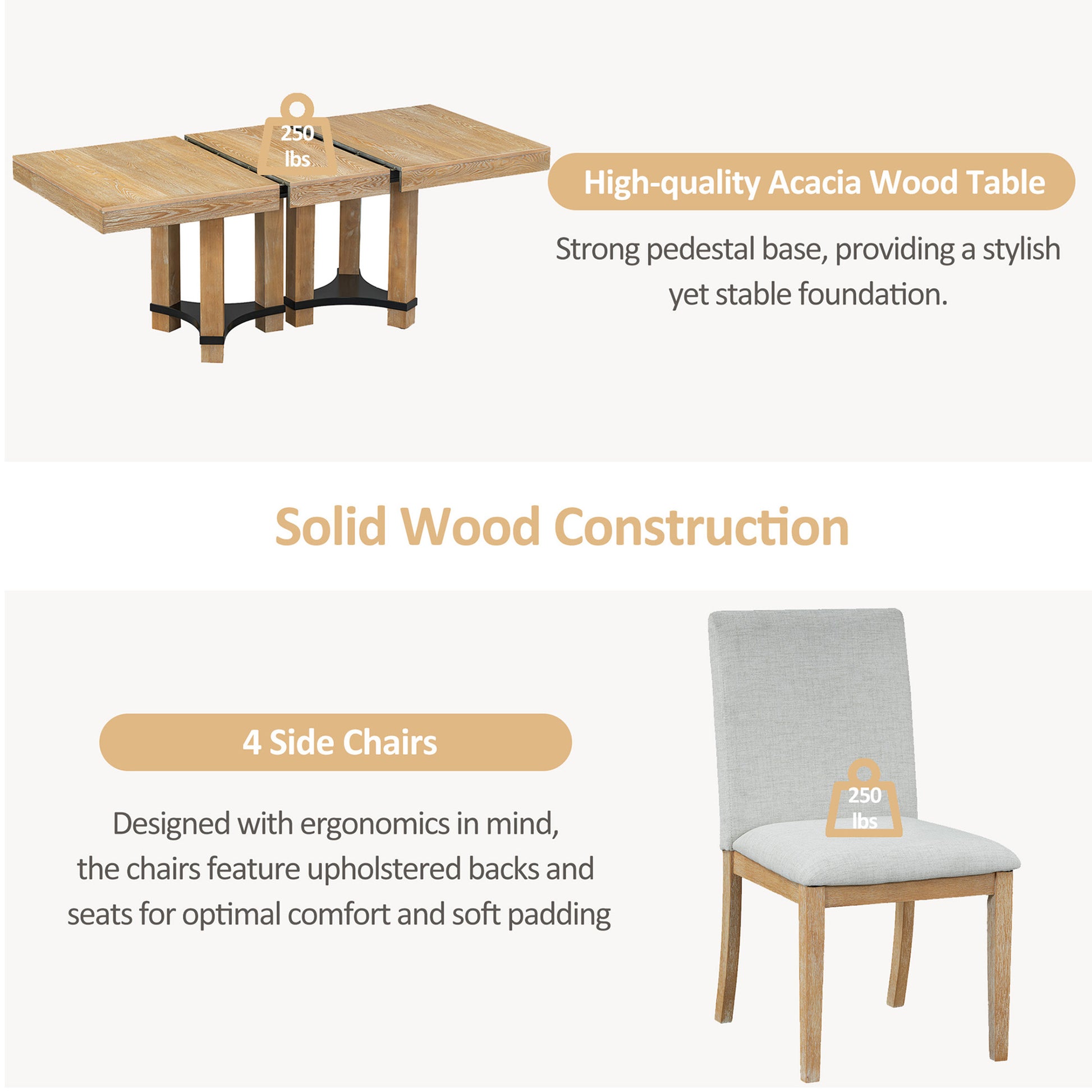 Rustic 7 Piece 76.4Inch Extendable Dining Table Set With 18Inch Removable Leaf, 2 Arm Chairs And 4 Armless Chairs, Natural Wood Dining Room Solid Wood Rubberwood Rectangular Dining Table With Chair Upholstered Chair Wood Natural Seats 6 Removable Leaf