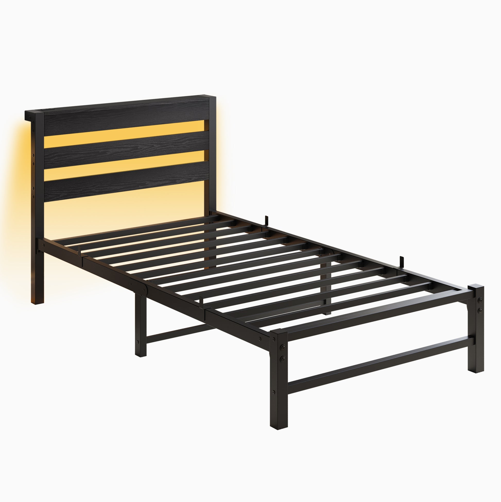 Twin Size Bed Frame Heavy Duty Platform Bed Frame With Headboard, Usb Charging Station, Led Bed, No Box Spring Needed, Mattress Foundation, Strong Steel Slats, Noise Free, Black Box Spring Not Required Twin Black Metal Bedroom Antique,Classic,Modern Bed