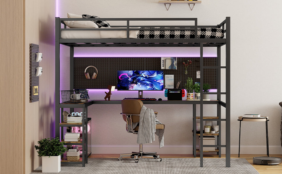 Full Xl Metal Loft Bed With Desk And Shelves, Loft Bed With Ladder And Guardrails, Loft Bed Frame For Bedroom, Black Full Xl Black Metal