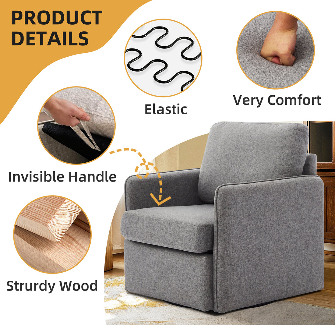 Swivel Accent Chair, Comfy Single Sofa Chair With Storage, Modern Arm Chair For Living Room, Fabric Swivel Armchair With Metal Base Gary Gray Silver Linen