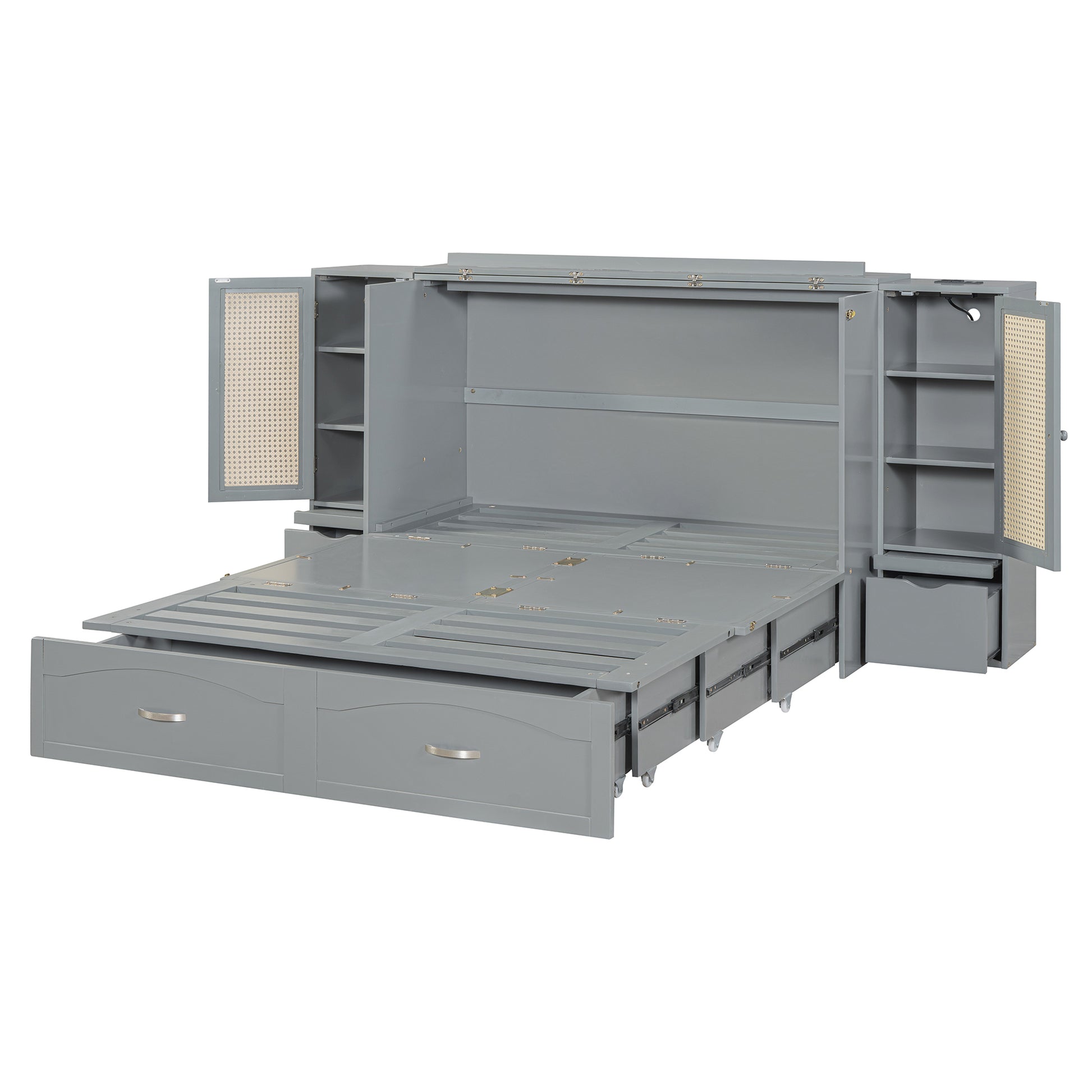 Full Size Murphy Bed Wall Bed With Drawer And Rattan Decoration With 2 Storage Cabinets, One Set Of Sockets & Usb Ports, Pulley Structure Design, Gray Full Gray Plywood