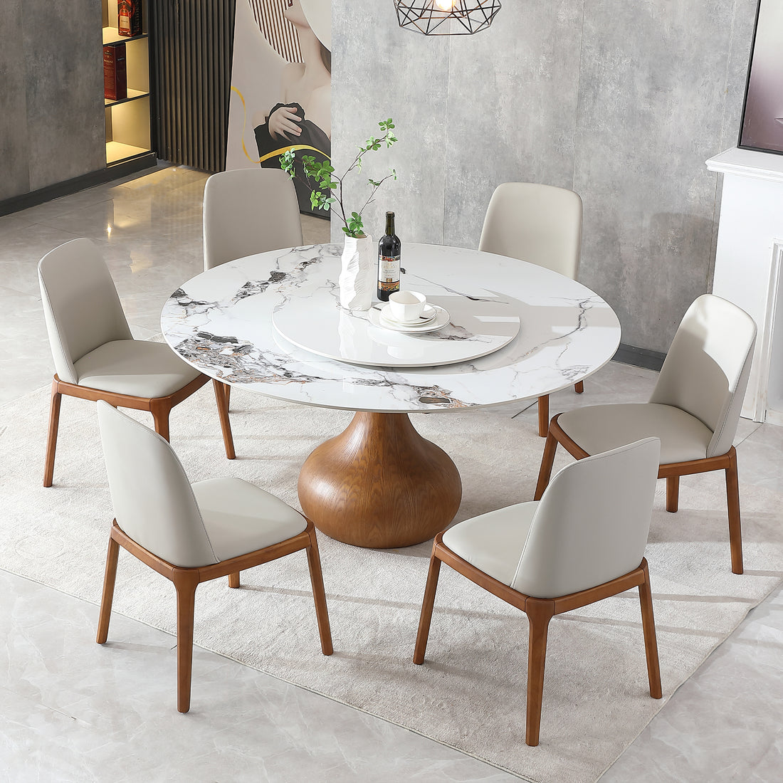 Modern Marble Dining Table, 59" Round Sintered Stone Table For Dining Room, Kitchen, Dinette, Compact Space With Lazy Susan 6 Chairs Walnut,White Dining Room American Design,Luxury,Modern Oak Round