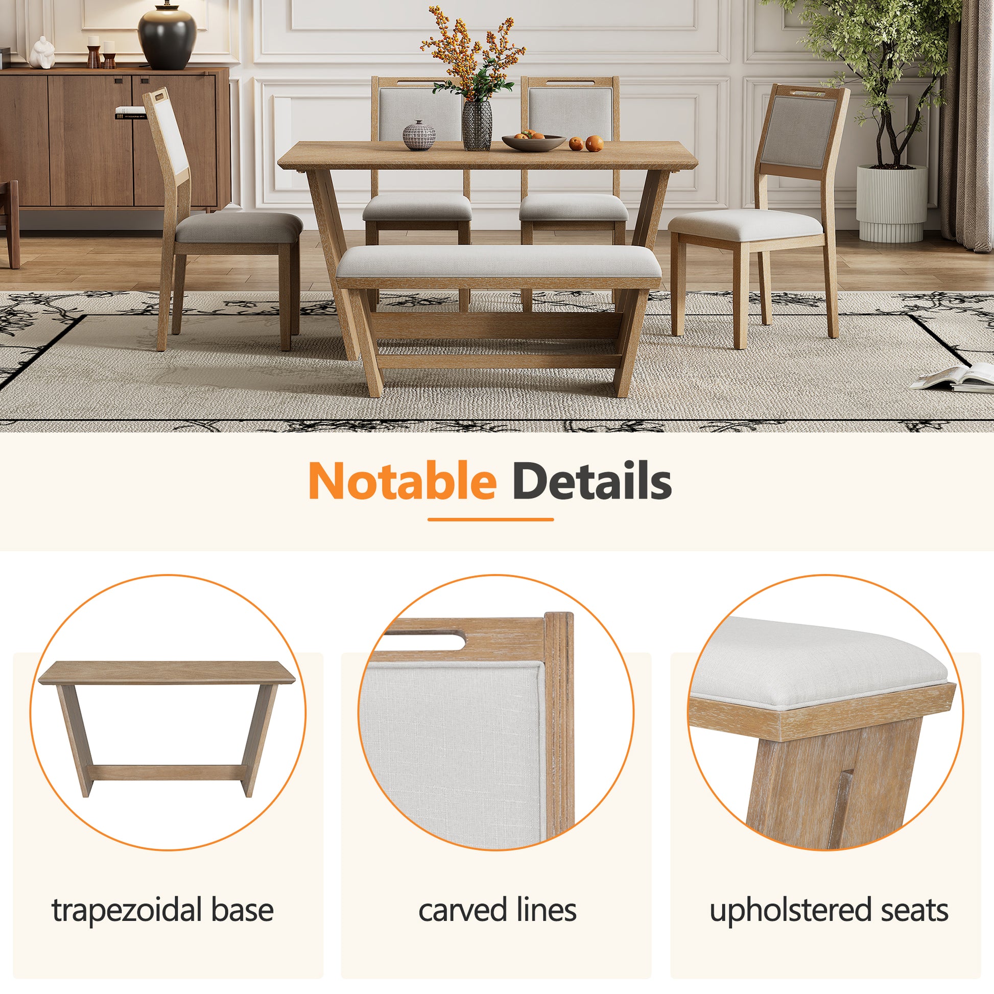 6 Piece Retro Dining Set, 1 Rectangular Table With Stable Trapezoidal Table Base And 4 Upholstered Chairs And 1 Bench For Dining Room And Kitchen Natural Wood Wash Natural Wood Wash Solid Wood Mdf