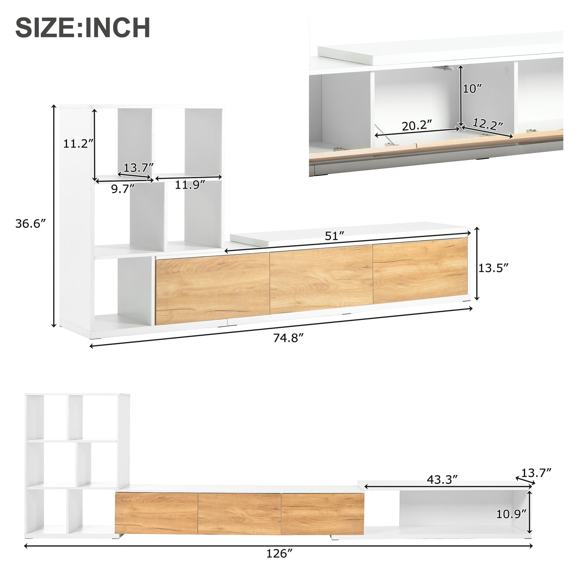 74.8'' 126'' Extendable Tv Stand With 3 Tier Bookshelves For Tvs Up To 110'', Adjustable Entertainment Center With Storage Cabinets, Sliding Tabletop Media Console For Living Room, White White