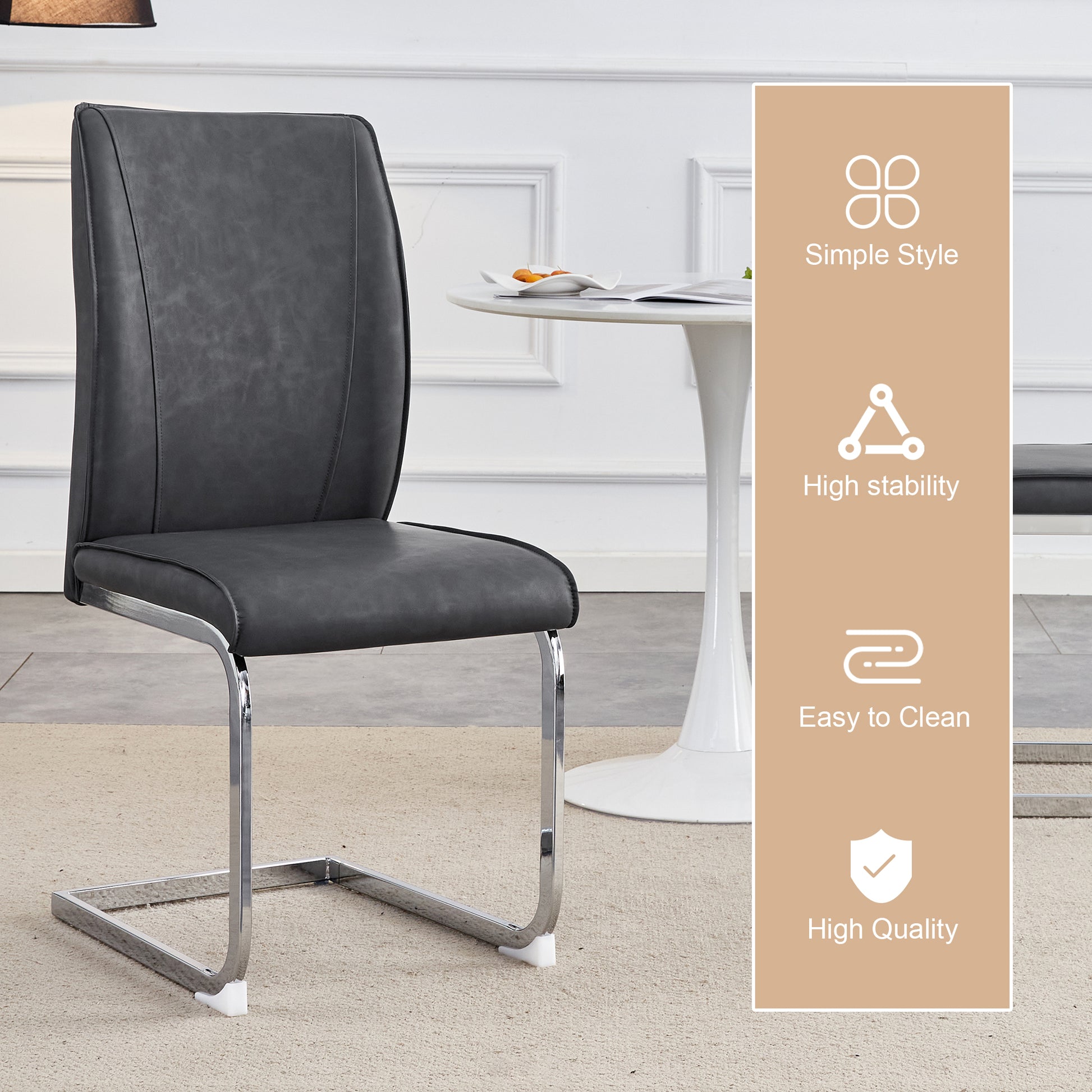 Table And Chair Set.Modern Dining Table,Tempered Glass Tabletop And Silver Colored Leg.Paired With 4 Soft And Comfortable Dark Gray Pu Chair, Perfect For Dinner, Meetings, Home And Office Decor.