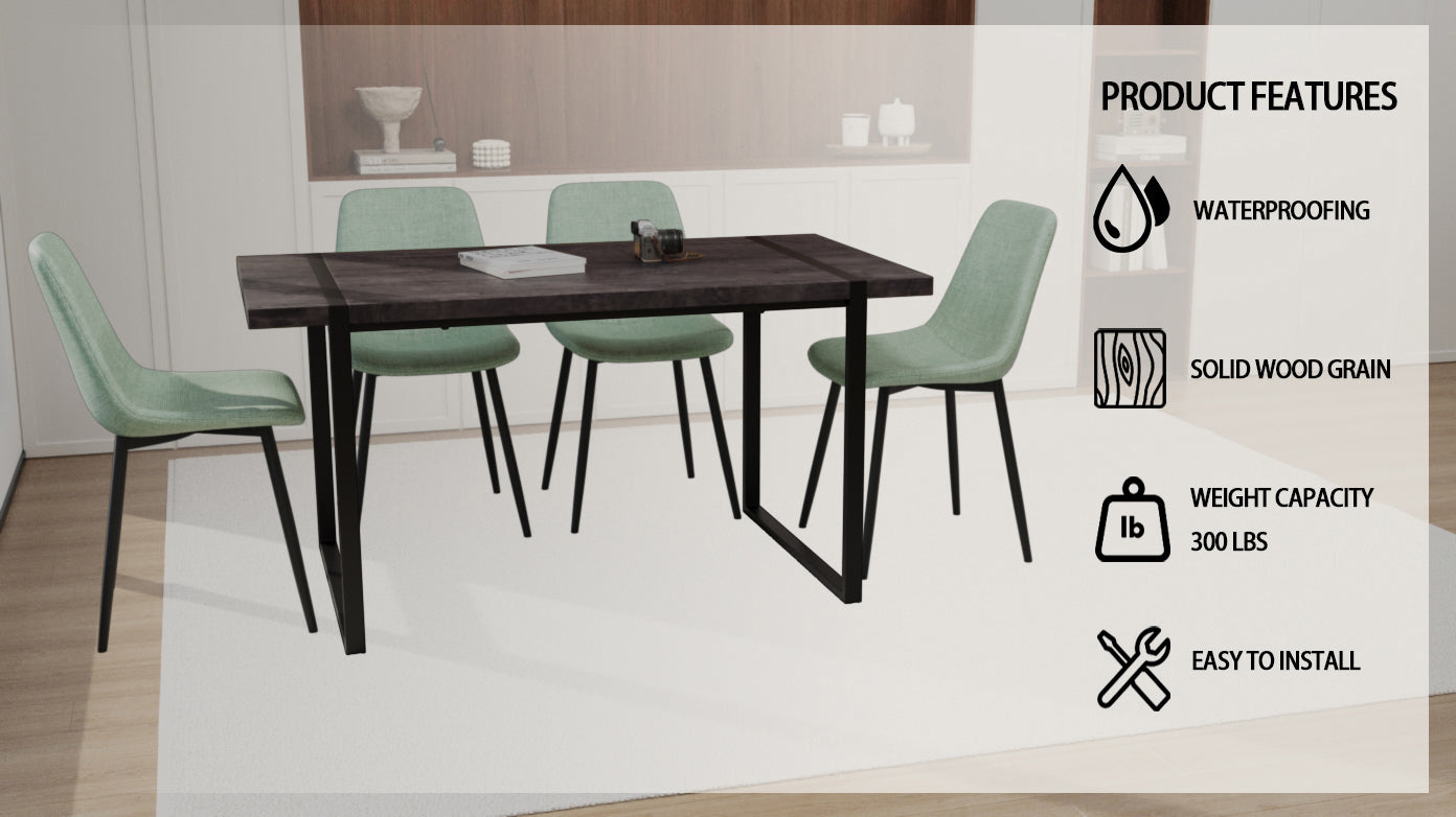 Mdf Black Wooden Dining Table And Modern Dining Chair 4 Piece Set, Medieval Wooden Kitchen Dining Table Set, Rectangular Metal Base, Dining Table And Suede Chair Brown Green Mdf